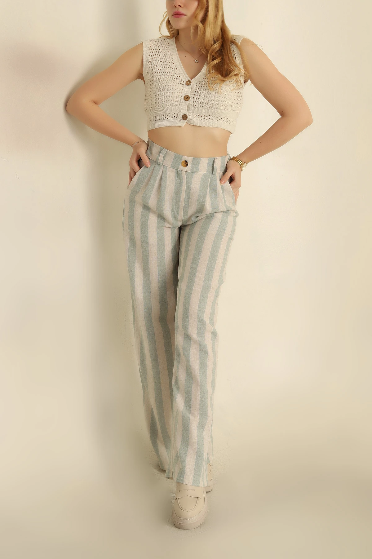 Yeşil Çizgili Keten Pantolon 271159