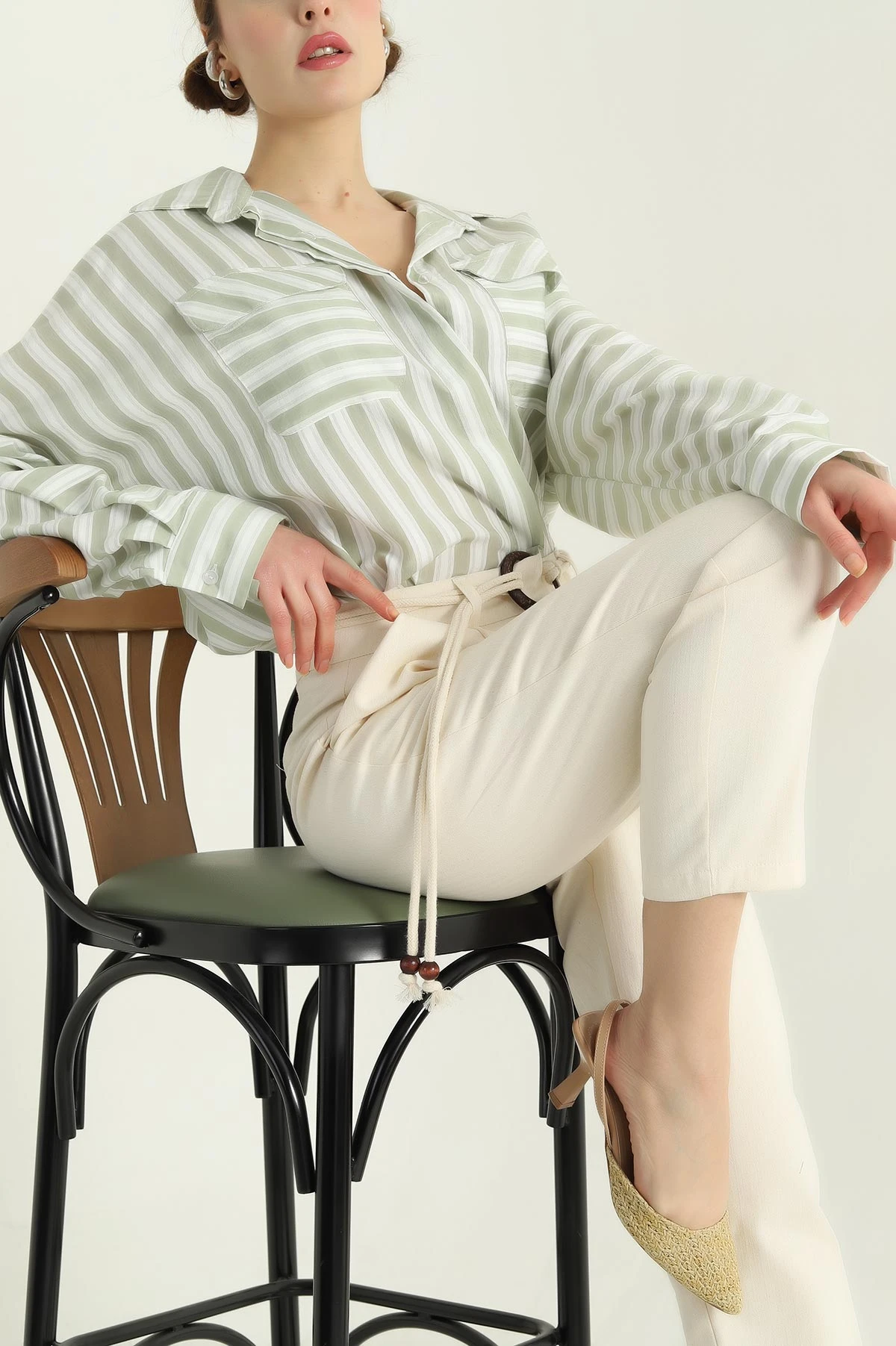 Yeşil Çizgili Oversize Dokuma Bayan Gömlek 336991