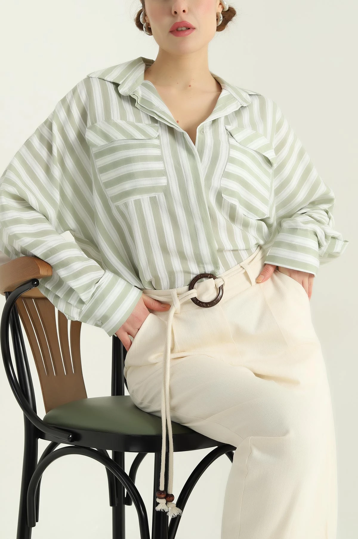 Yeşil Çizgili Oversize Dokuma Bayan Gömlek 336991