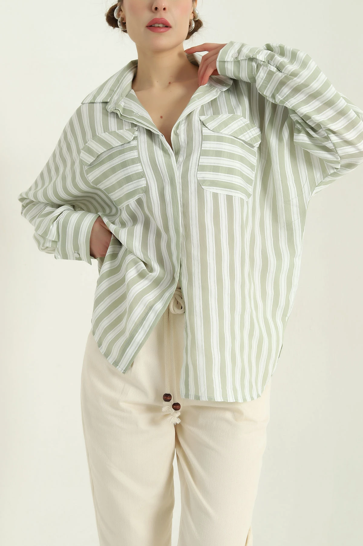 Yeşil Çizgili Oversize Dokuma Bayan Gömlek 336991