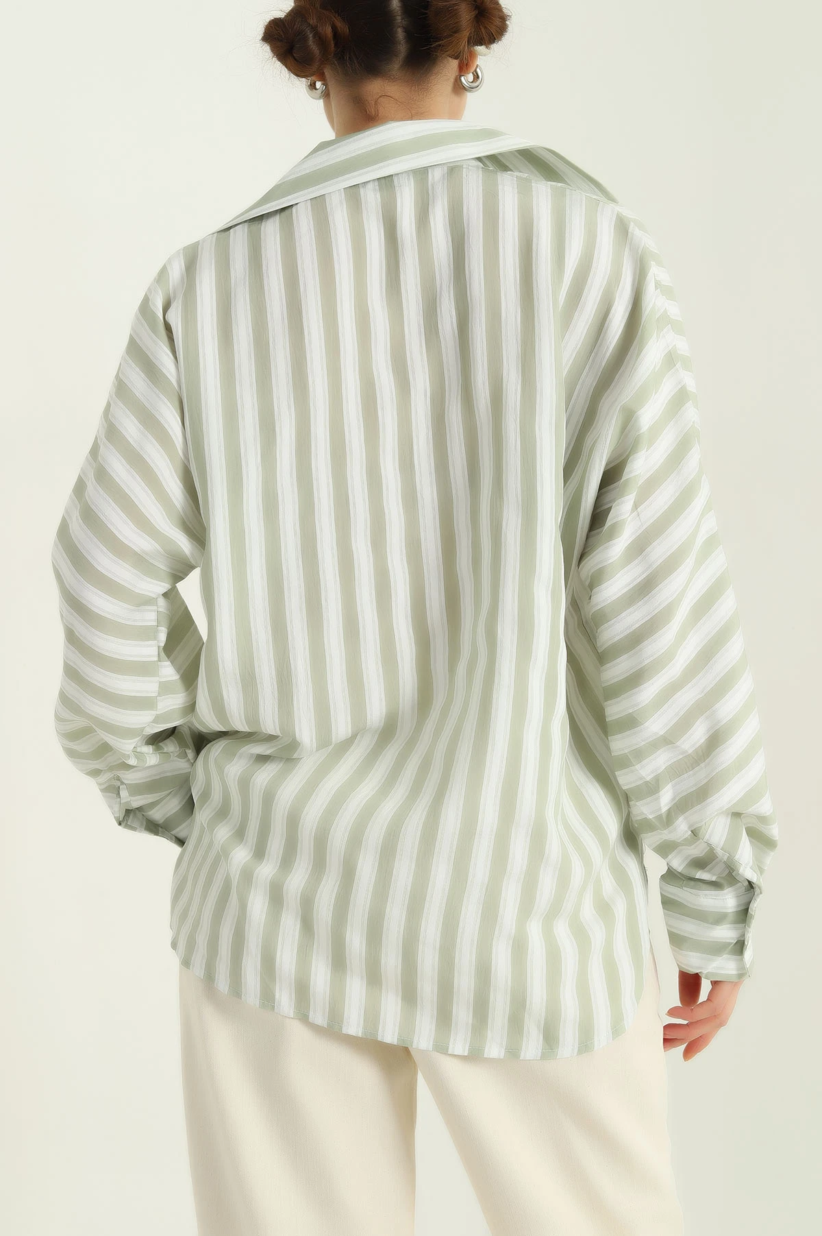 Yeşil Çizgili Oversize Dokuma Bayan Gömlek 336991