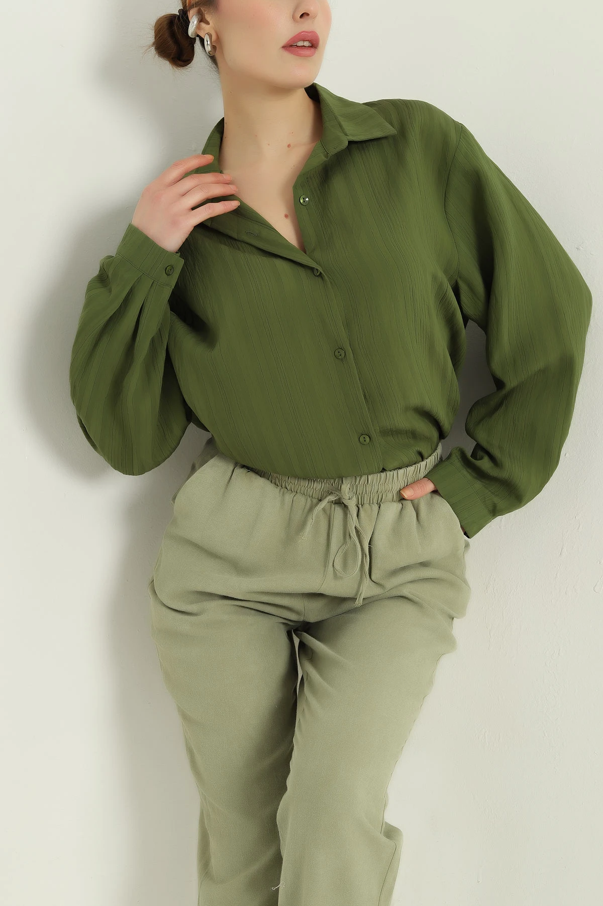 Yeşil Çizgili Oversize Dokuma GÖmlek 337017