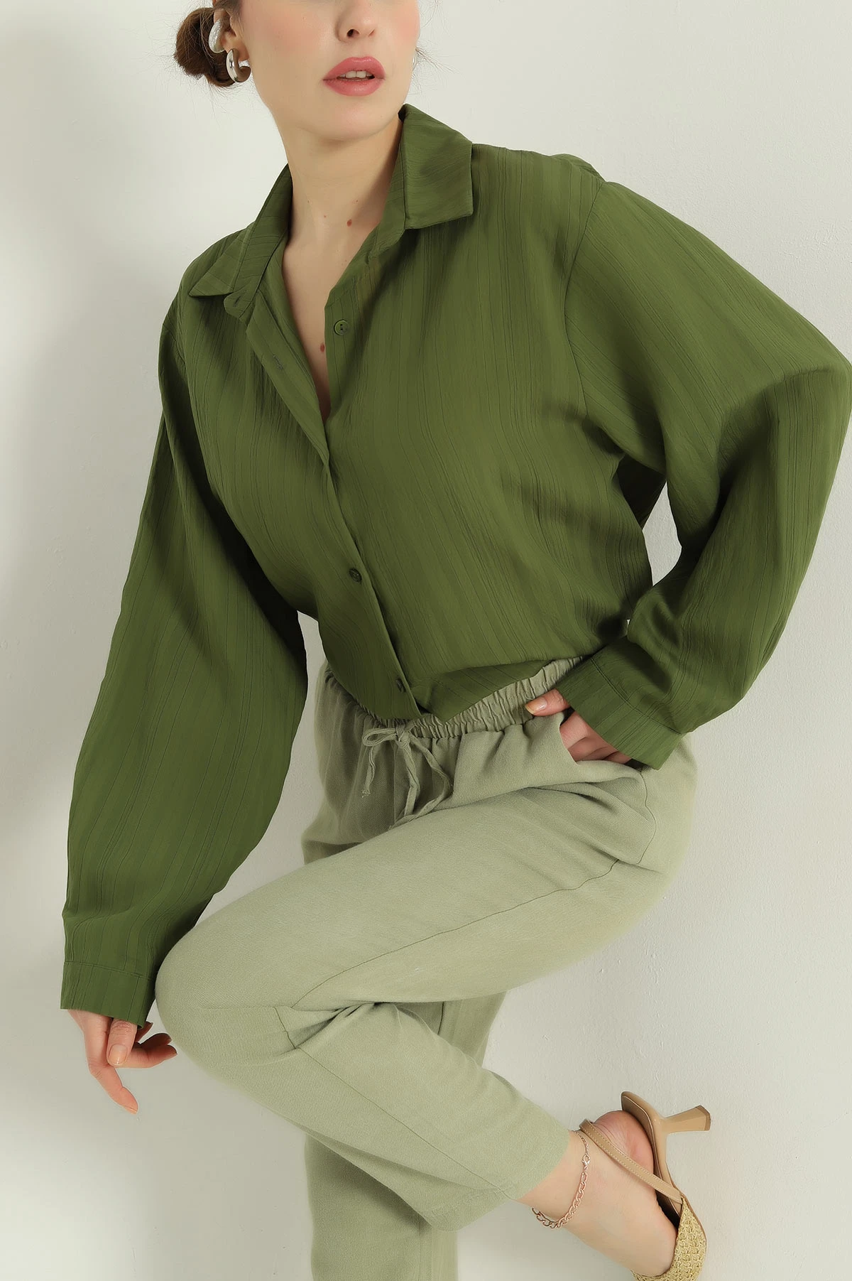 Yeşil Çizgili Oversize Dokuma GÖmlek 337017