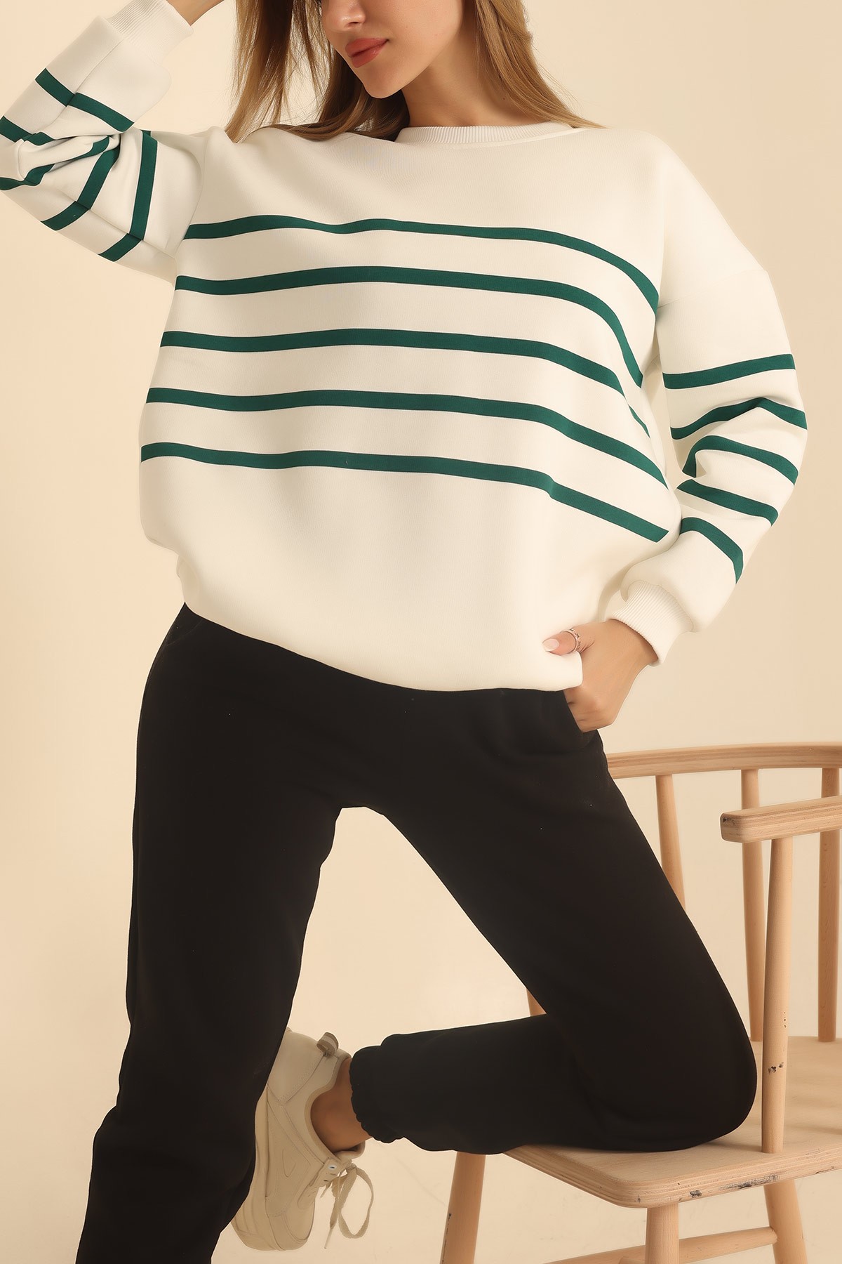 Yeşil Çizgili Şardonlu Bayan Sweat 217579