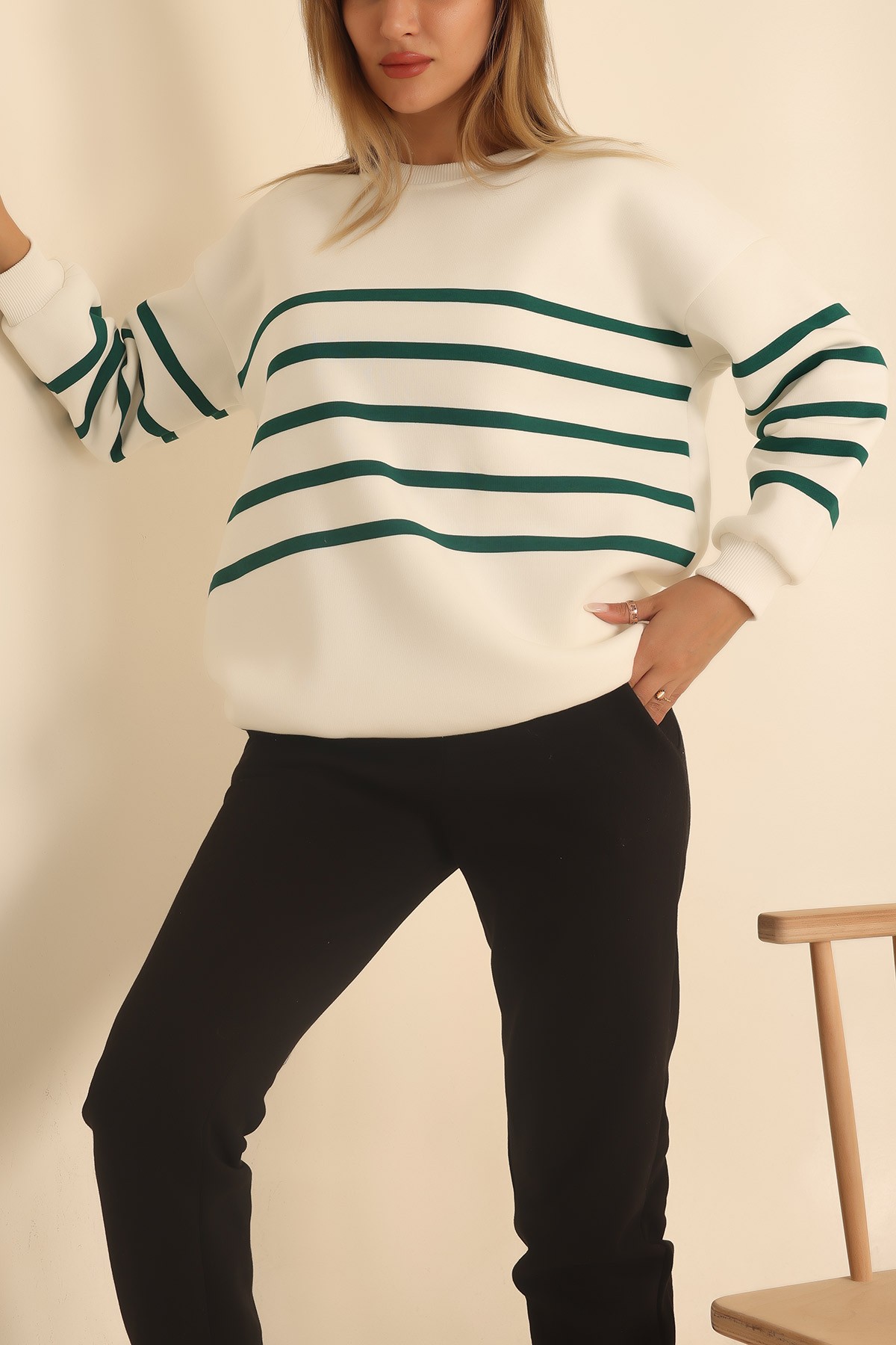 Yeşil Çizgili Şardonlu Bayan Sweat 217579