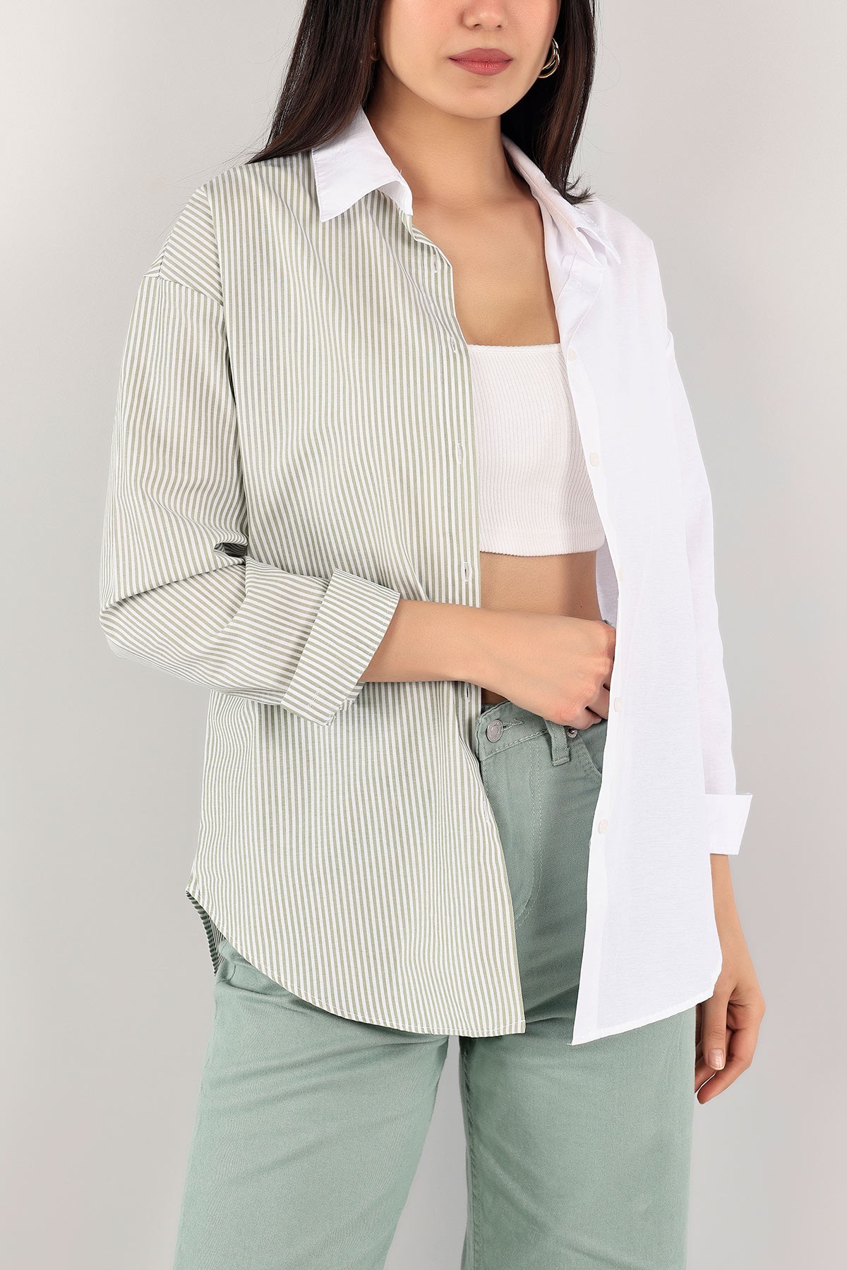 Yeşil Çizgili Yeni Sezon Poplin Gömlek 112472