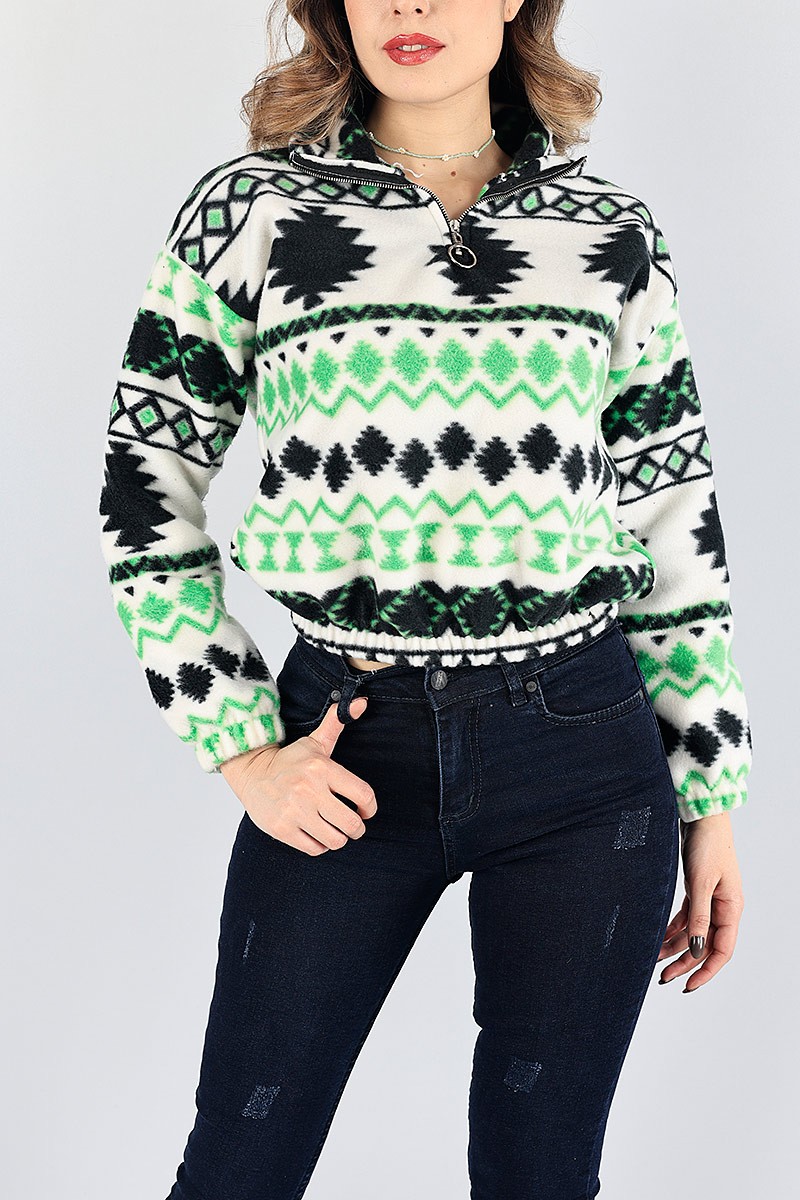 Yeşil Desenli Bayan Polar Sweat 87685