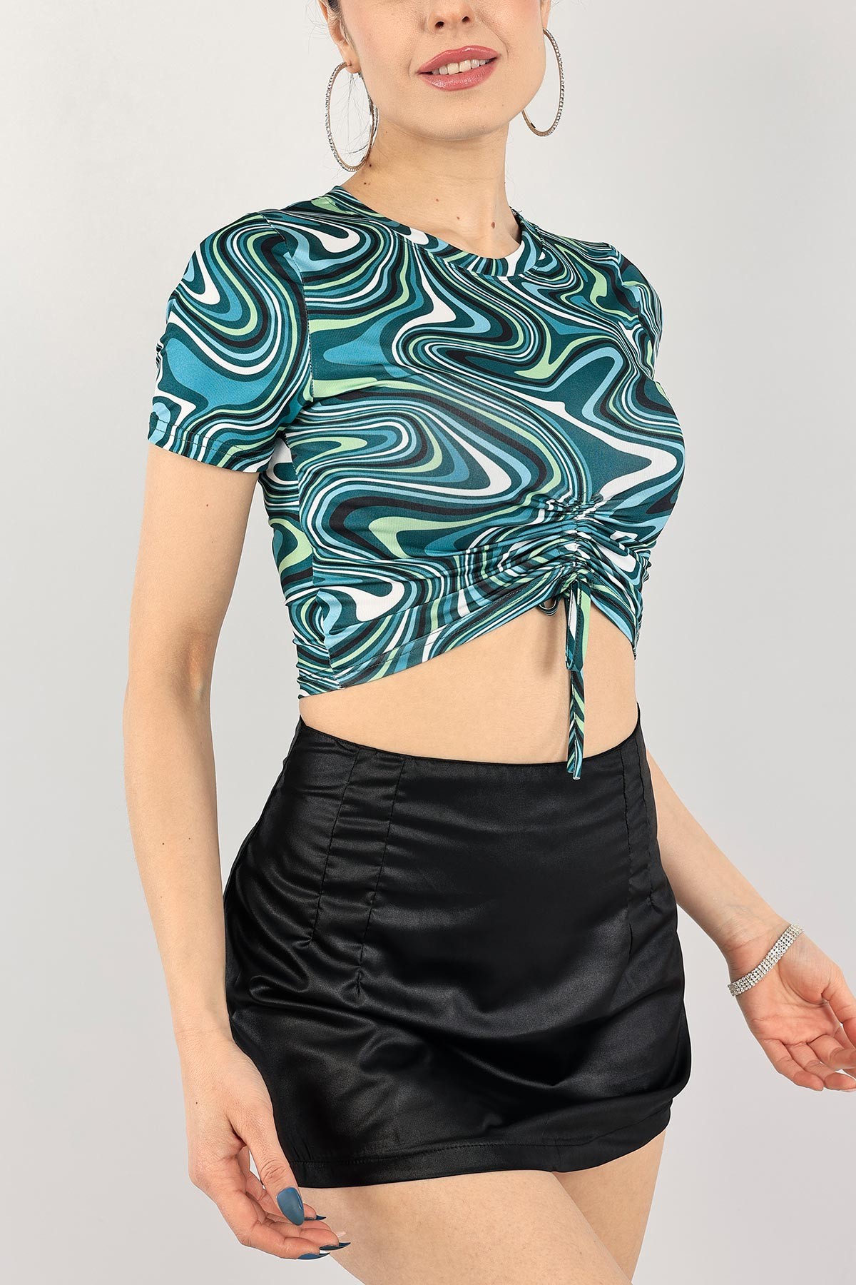 Yeşil Desenli Büzgülü Crop 110418