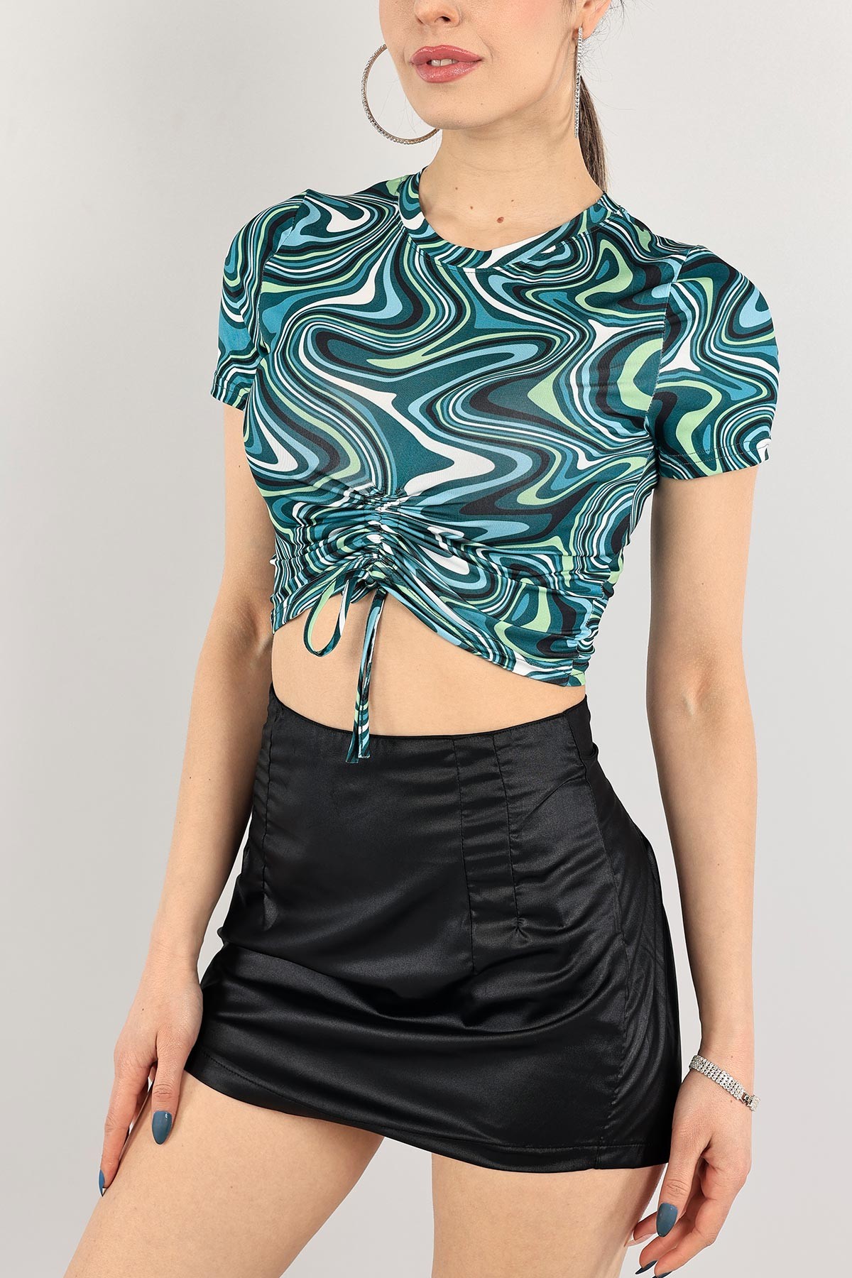 Yeşil Desenli Büzgülü Crop 110418
