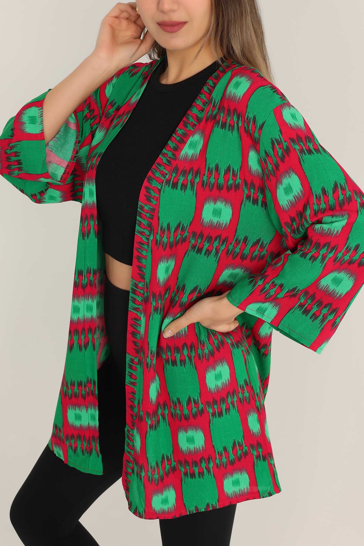 Yeşil Desenli Dokuma Viskon Kimono 173403