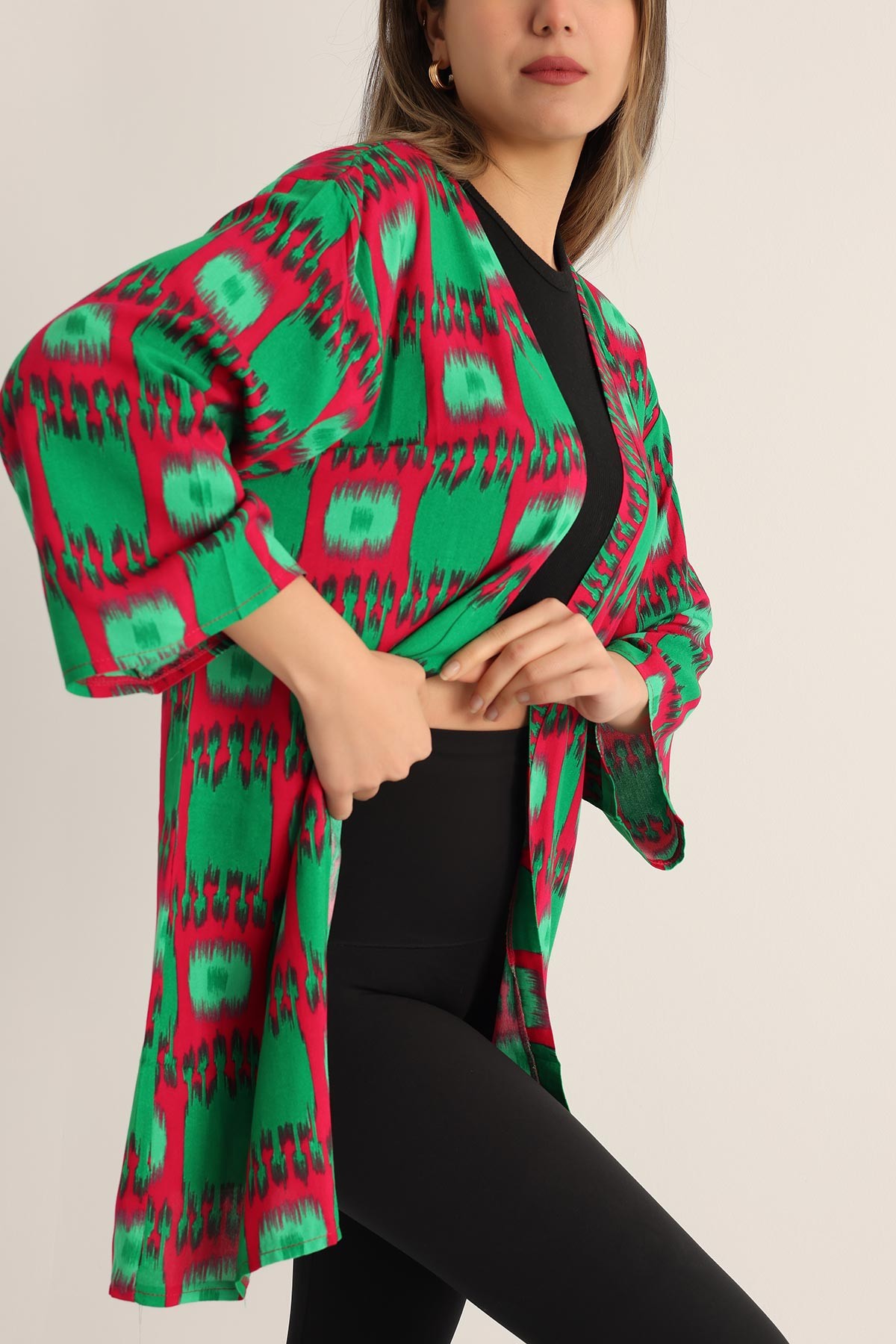 Yeşil Desenli Dokuma Viskon Kimono 173403