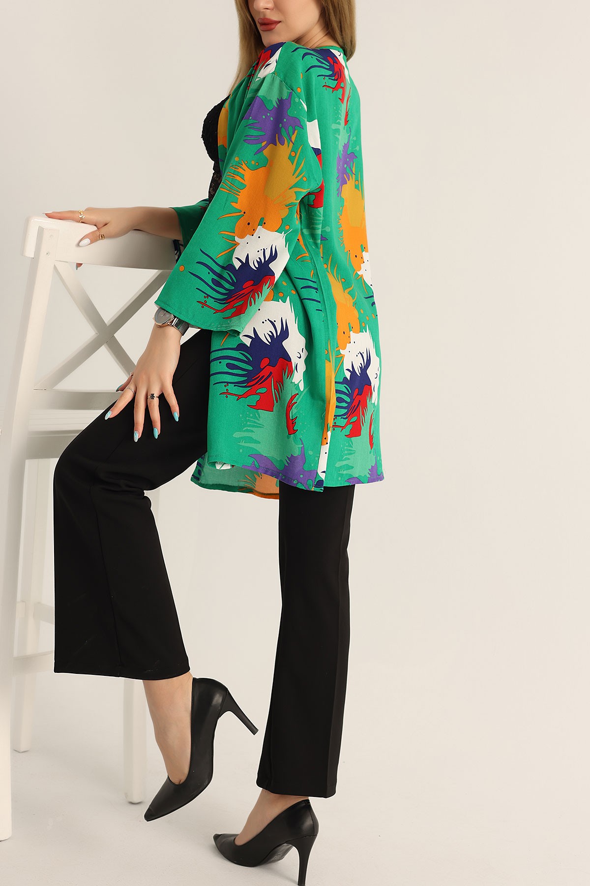 Yeşil Desenli Dokuma Viskon Kimono 173407