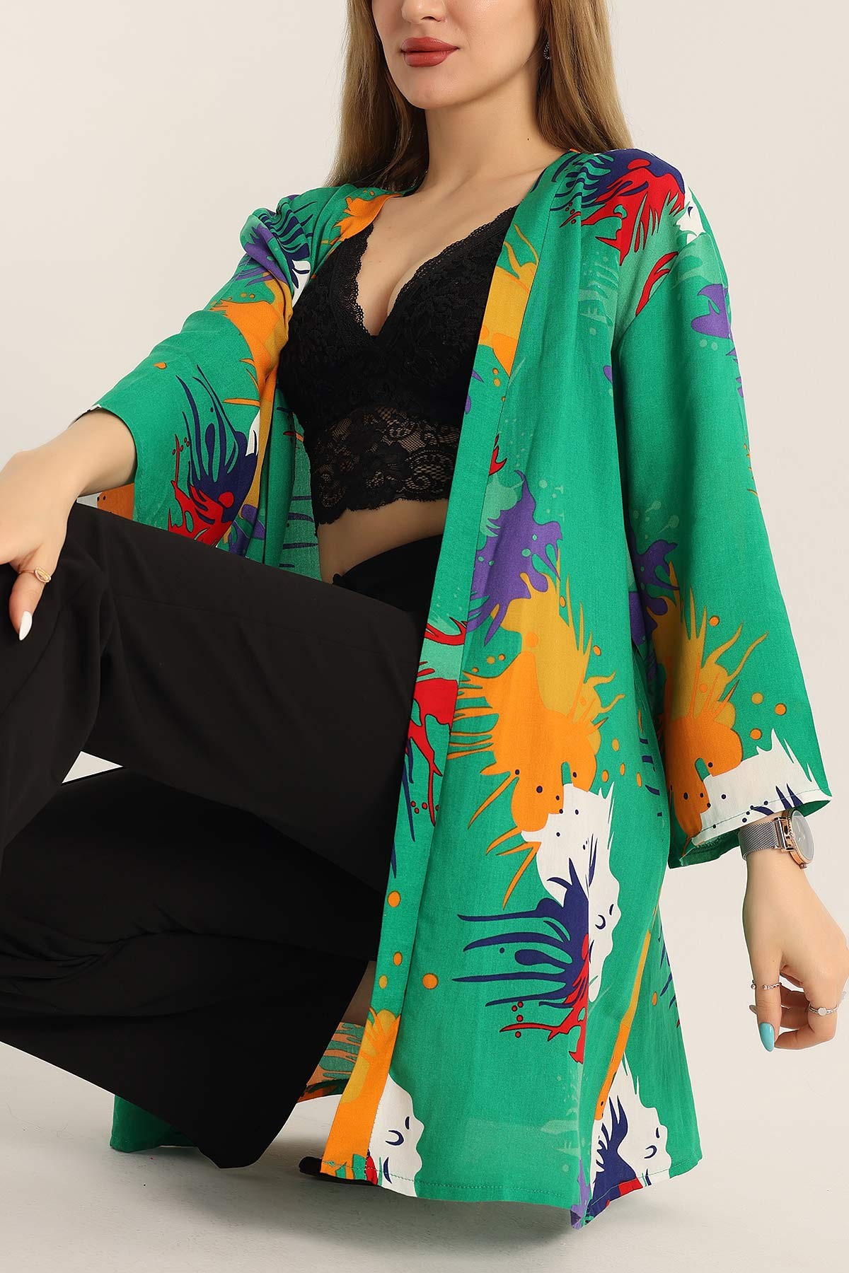 Yeşil Desenli Dokuma Viskon Kimono 173407