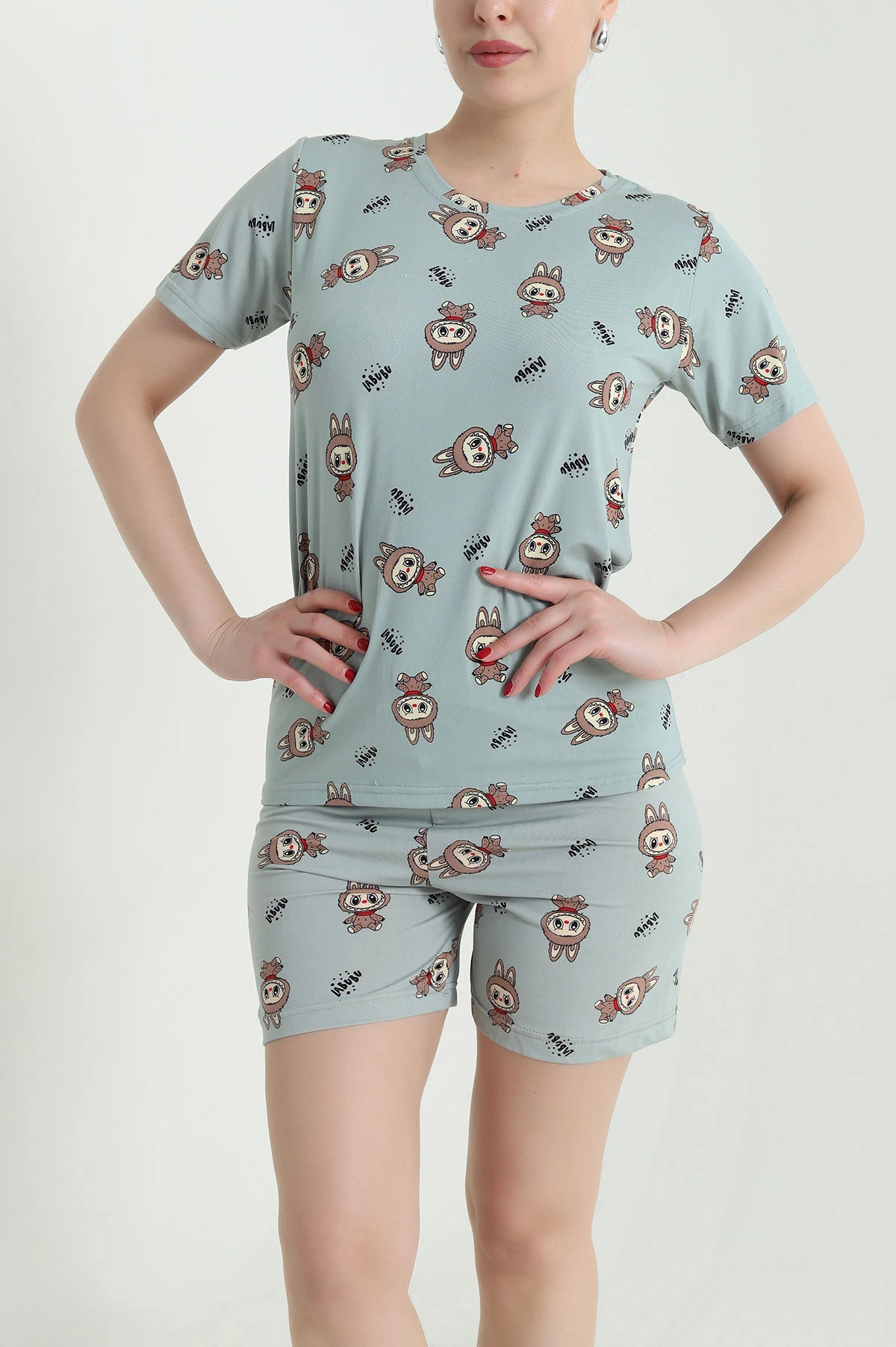 Yeşil Desenli Kadın Şortlu Pijama Takım 466513