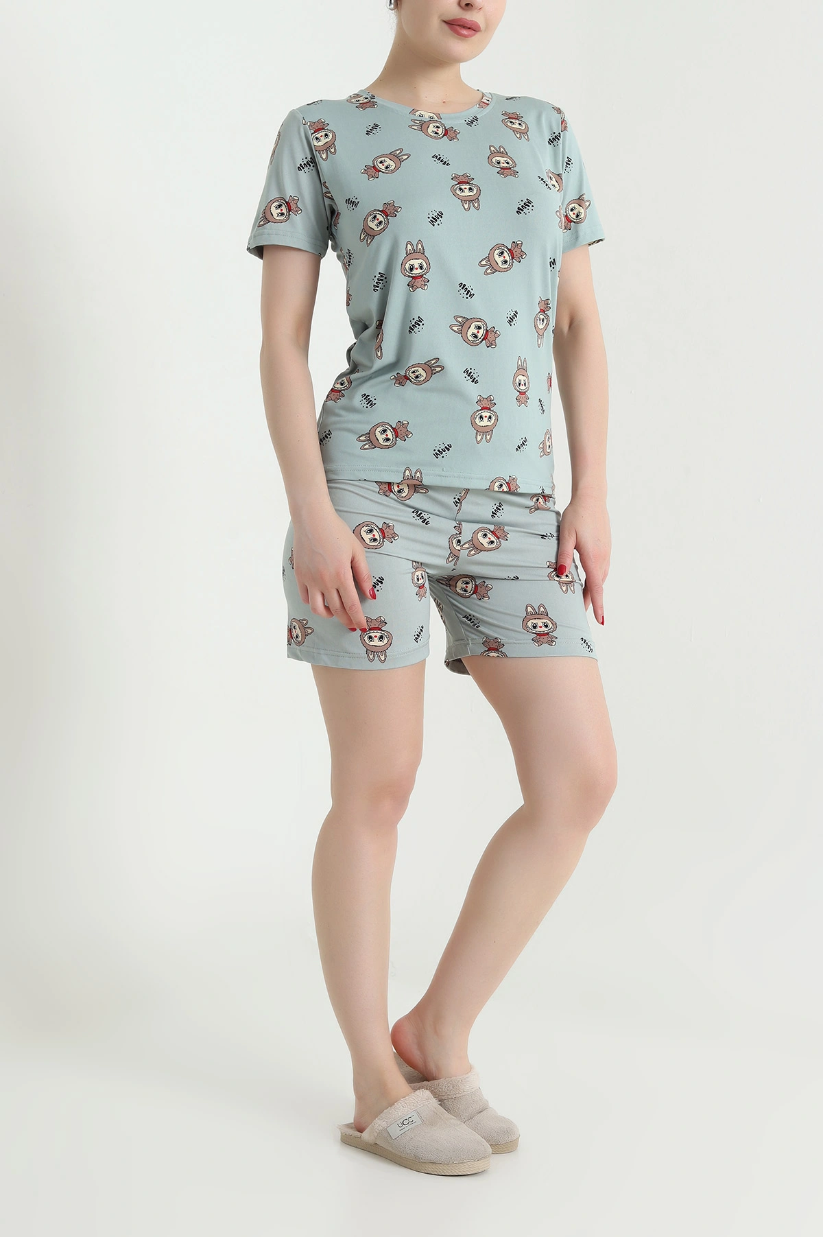 Yeşil Desenli Kadın Şortlu Pijama Takım 466513