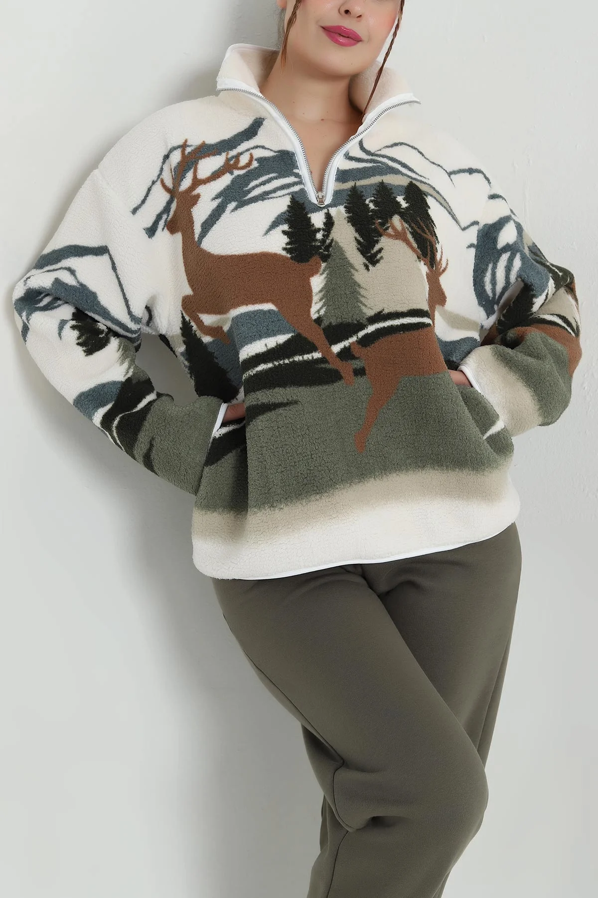 Yeşil Desenli Uzun Kollu Teddy Kadın Sweat 482452
