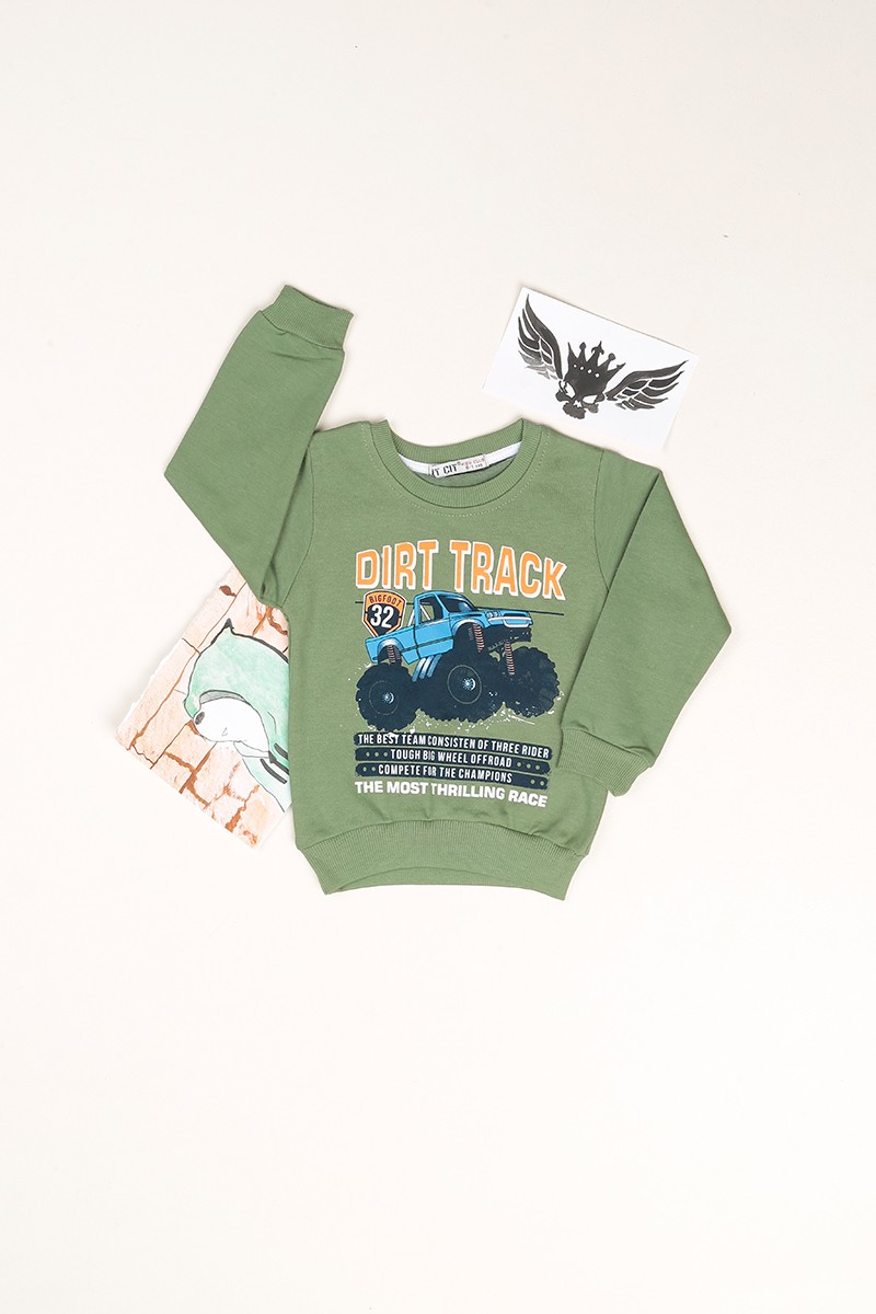 Yeşil Dırt Track Baskılı Şardonlu Erkek Çocuk Sweat 80960