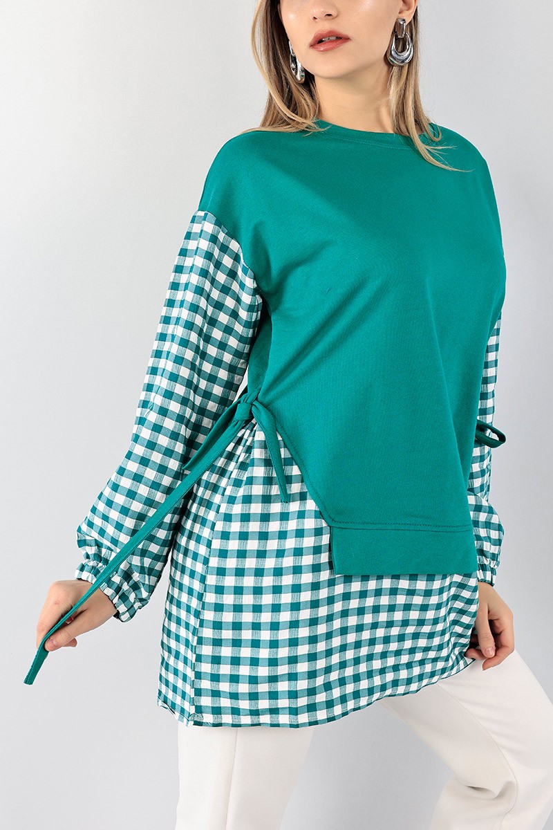 Yeşil Dokuma Garnili Bağlamalı Tunik 99378