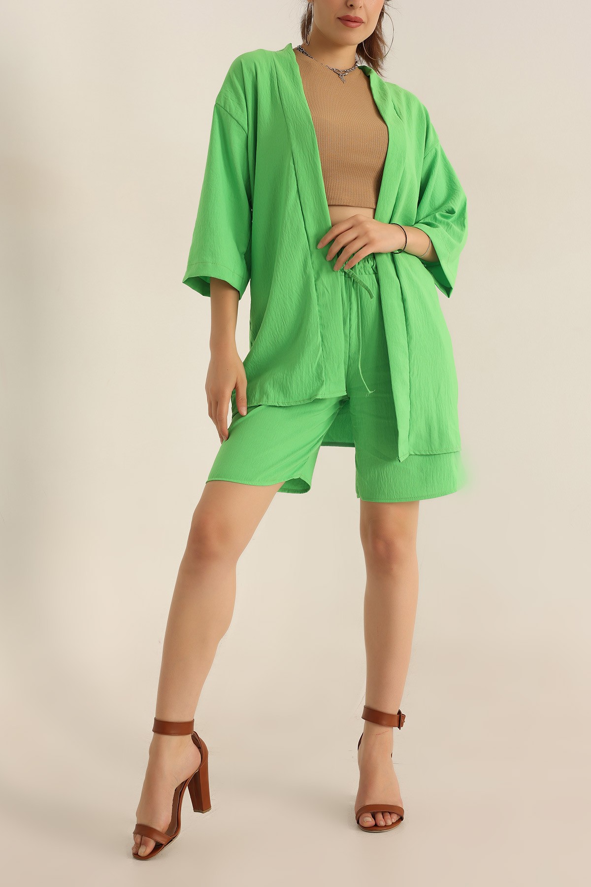 Yeşil Dokuma Şort Kimono İkili Takım 193548