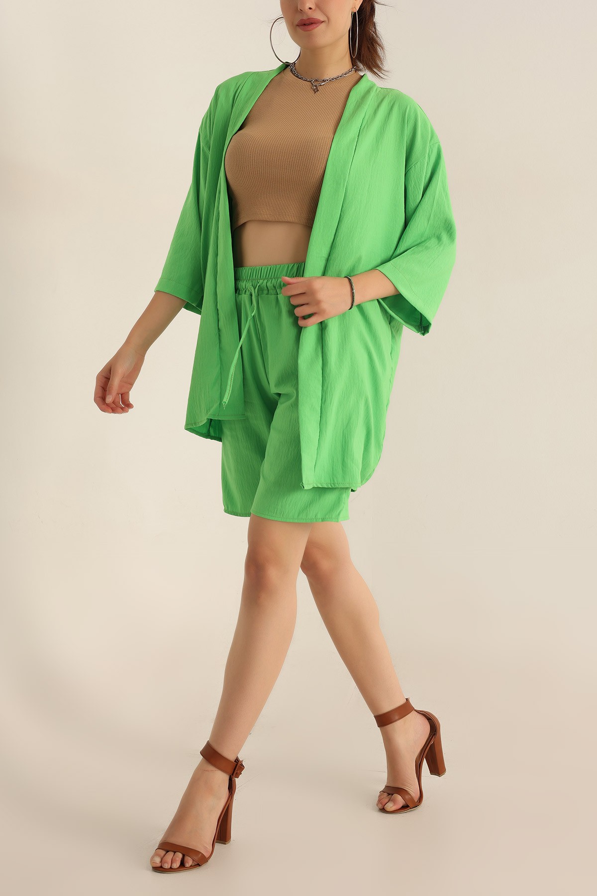 Yeşil Dokuma Şort Kimono İkili Takım 193548