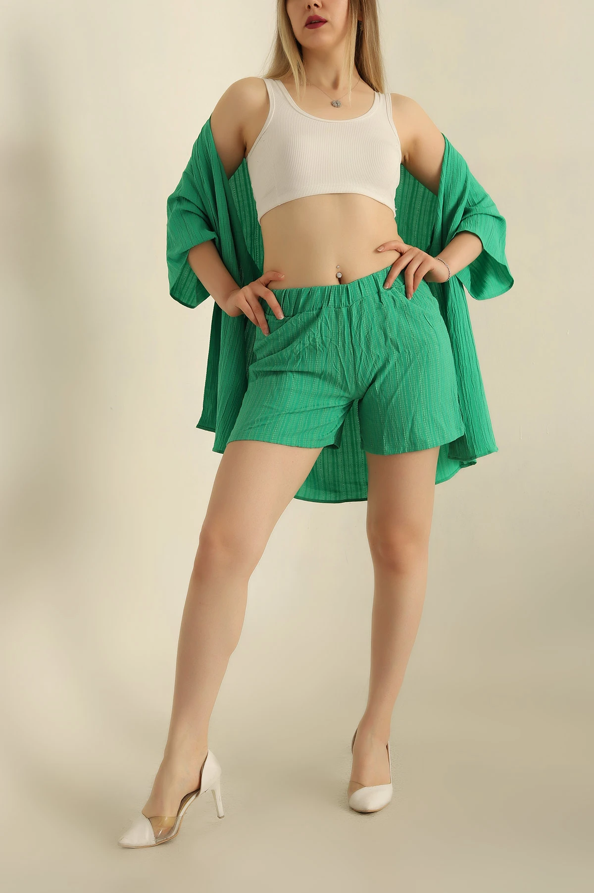 Yeşil Dokuma Şort Kimono İkili Takım 261135