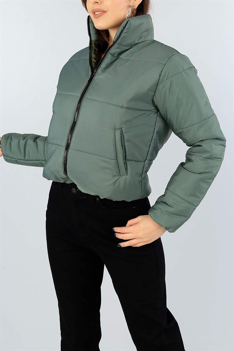 Yeşil Dolumlu Bayan Crop Şişme Mont 46623