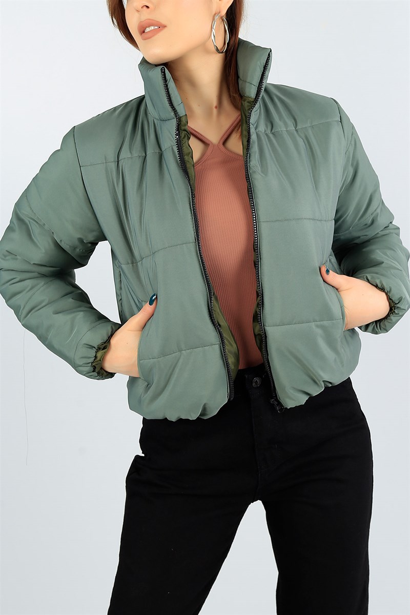 Yeşil Dolumlu Bayan Crop Şişme Mont 46623
