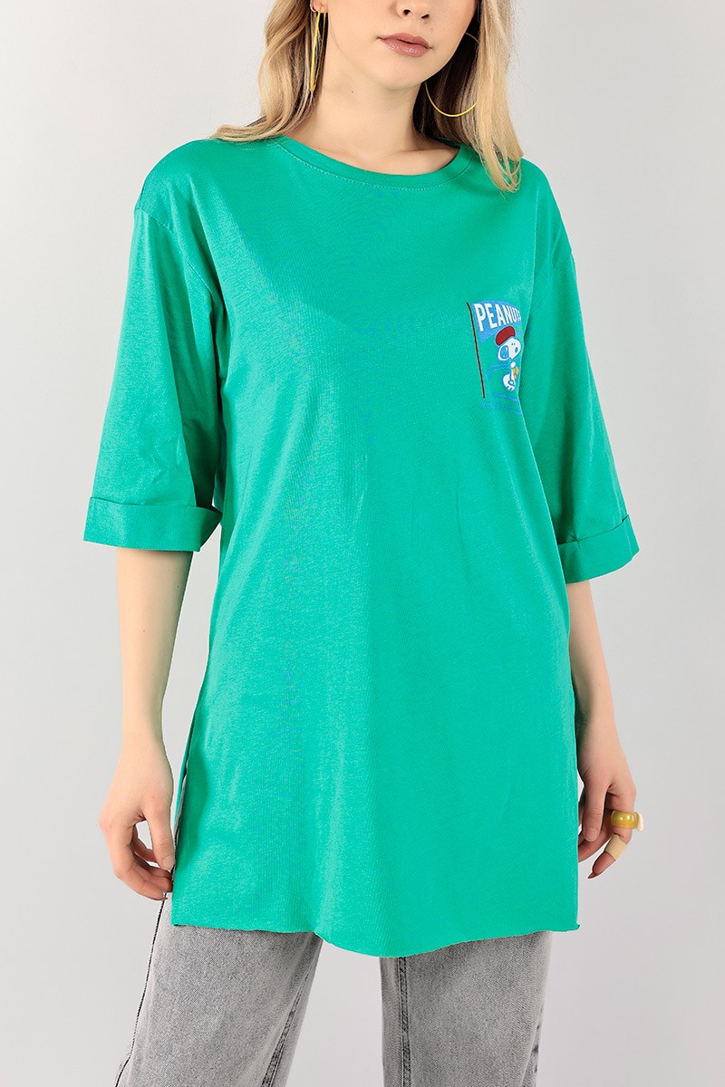 Yeşil Duble Kol Yırtmaçlı Bayan Tişört 100118