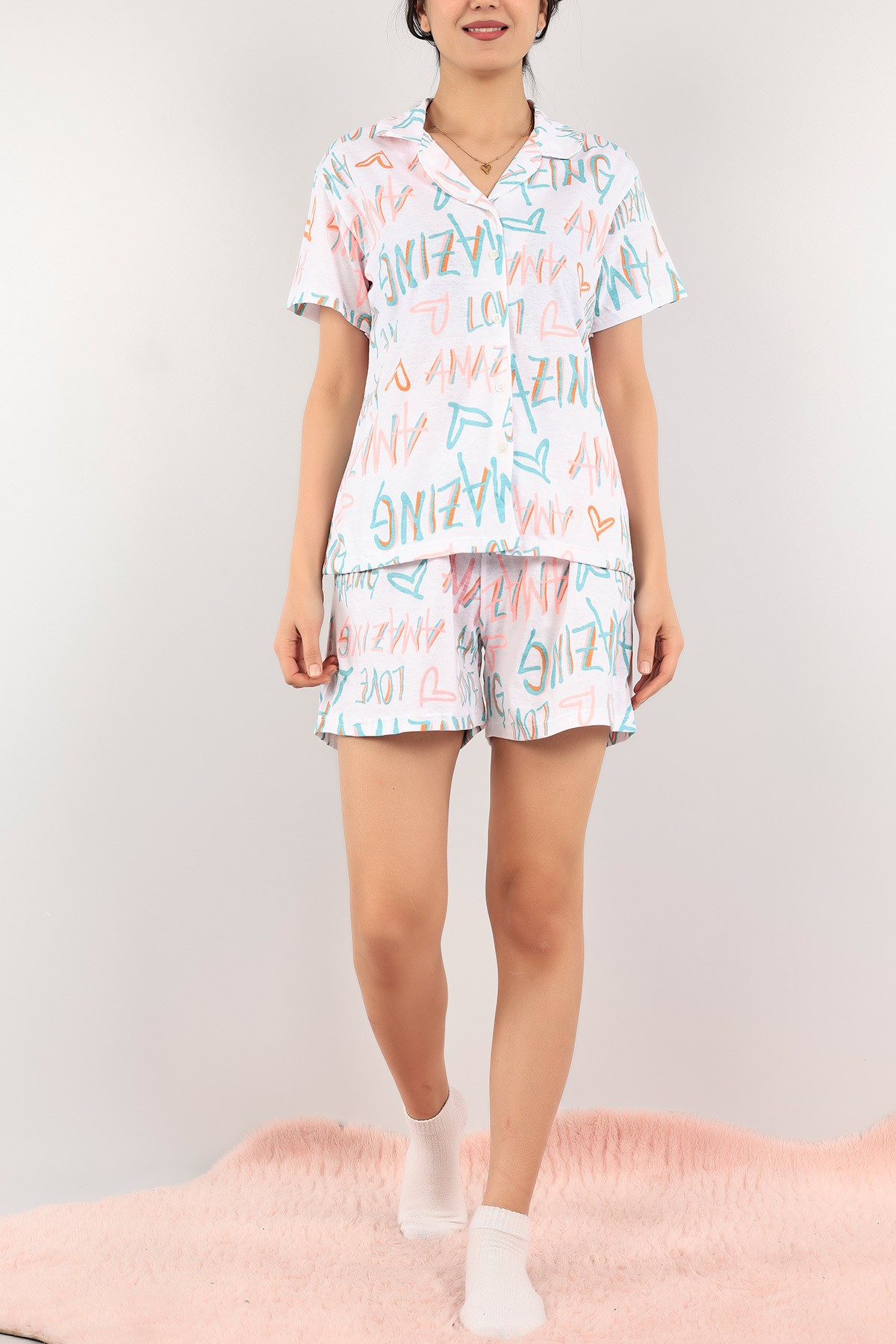 Yeşil Düğmeli Şortlu Bayan Pijama Takımı 110206