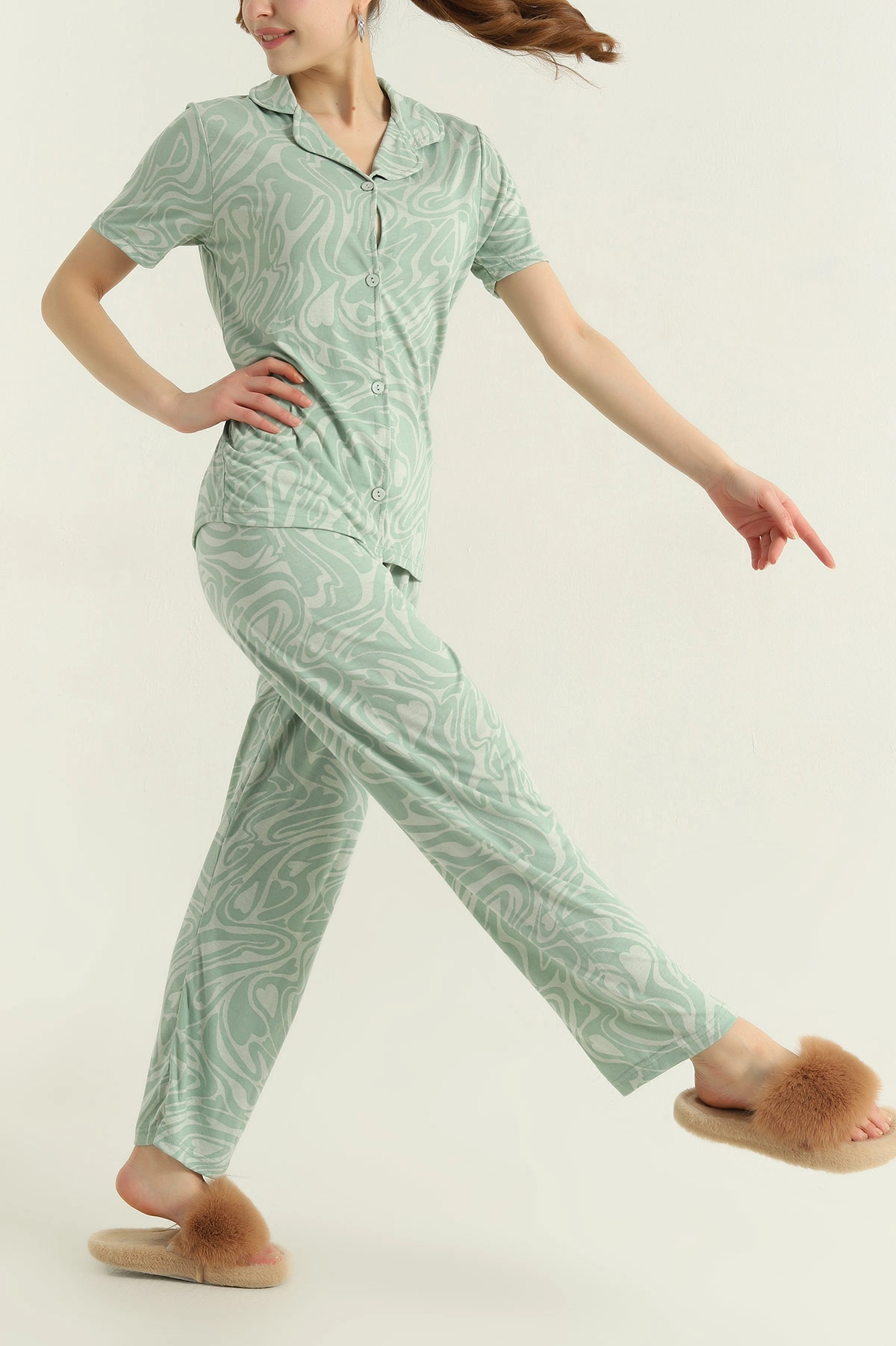Yeşil Düğmeli Viskon Kadın Pijama Takımı 347355