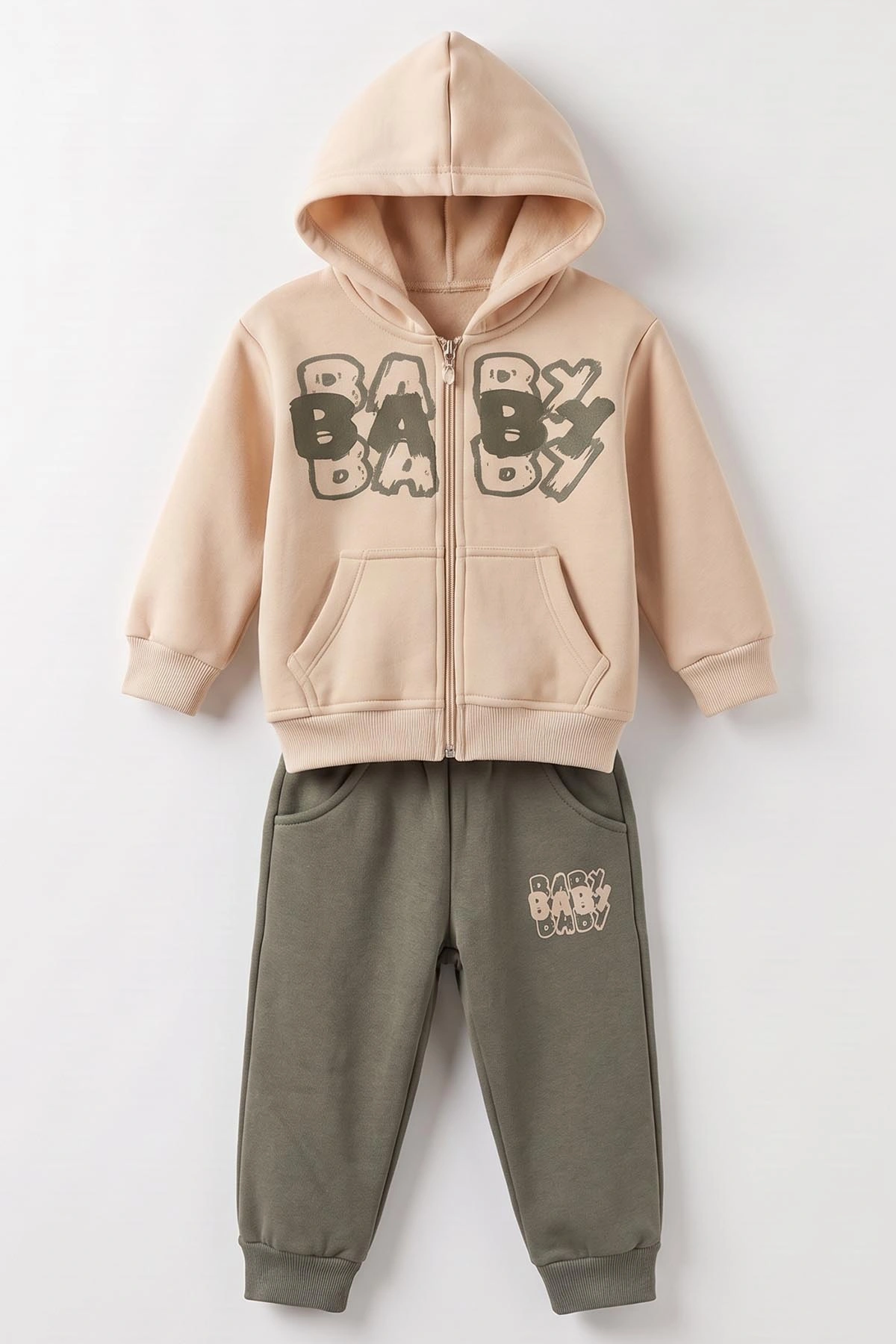 Yeşil Ekru (1-5 Yaş) Baby Baskılı Kapüşonlu Fermuarlı 3 İp Şardonlu Erkek Çocuk Kışlık Takım 487804