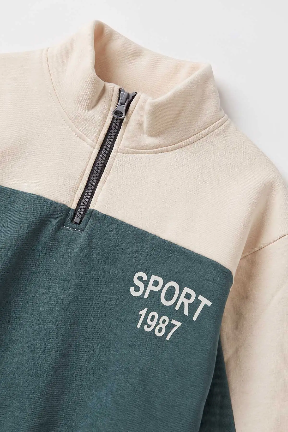 Yeşil Ekru (5-12 Yaş) Sports Baskılı Yarım Fermuarlı 3 İp Şardonlu Erkek Çocuk Sweatshirt 481748