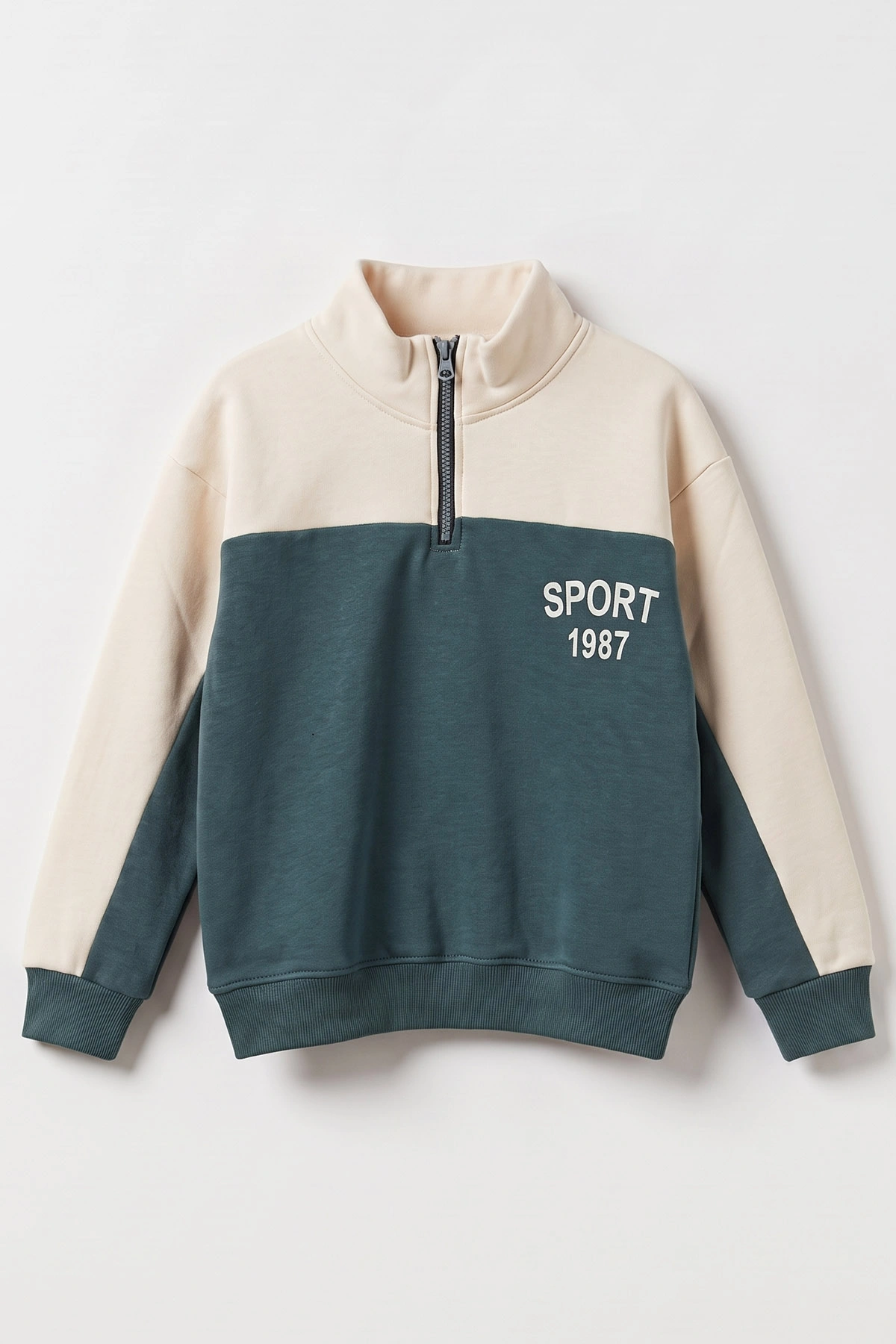 Yeşil Ekru (5-12 Yaş) Sports Baskılı Yarım Fermuarlı 3 İp Şardonlu Erkek Çocuk Sweatshirt 481748