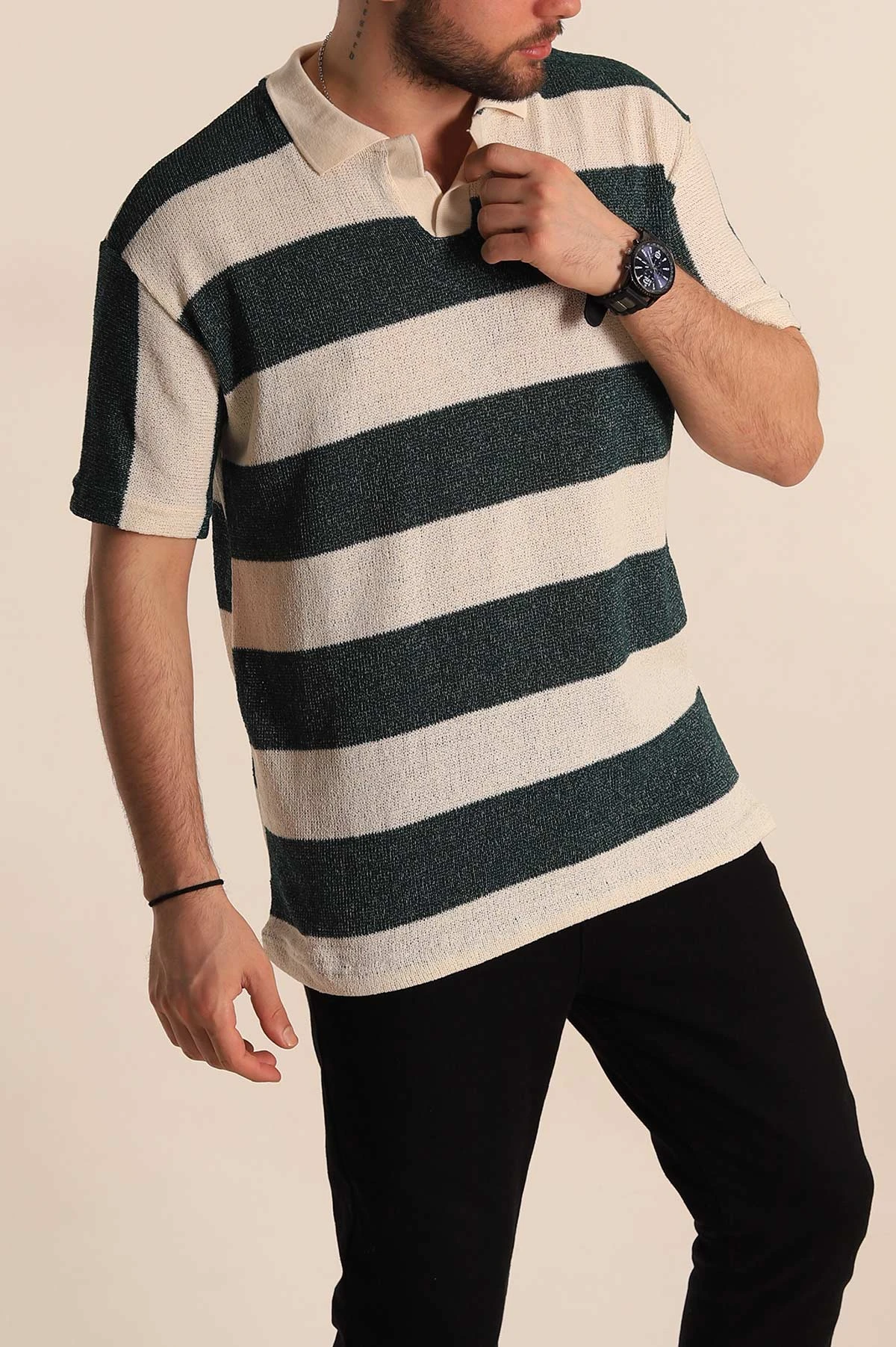 Yeşil Ekru Geniş Çizgili Oversize Polo Yaka Erkek Tişört 269202