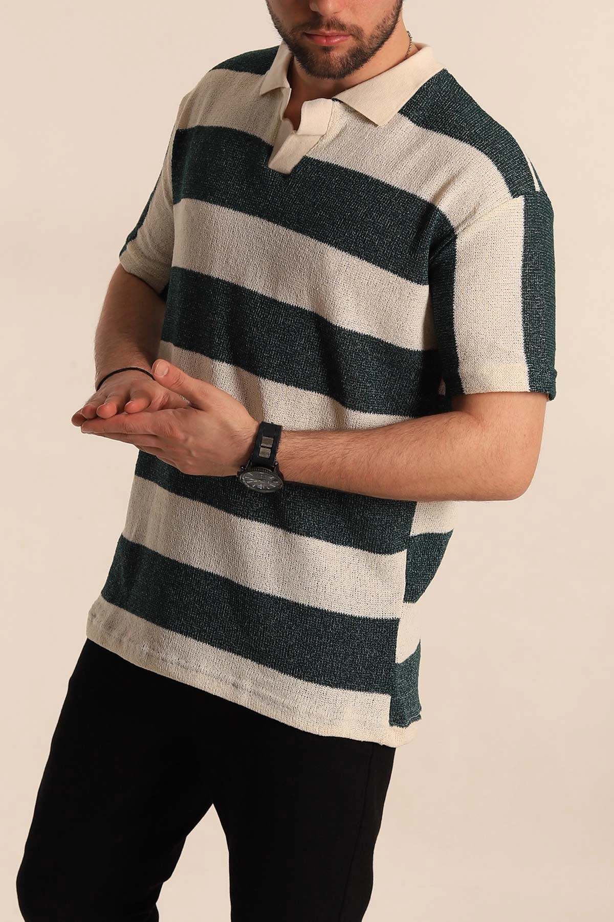 Yeşil Ekru Geniş Çizgili Oversize Polo Yaka Erkek Tişört 269202