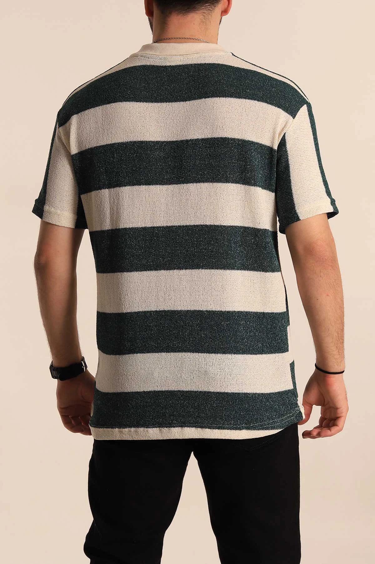 Yeşil Ekru Geniş Çizgili Oversize Polo Yaka Erkek Tişört 269202