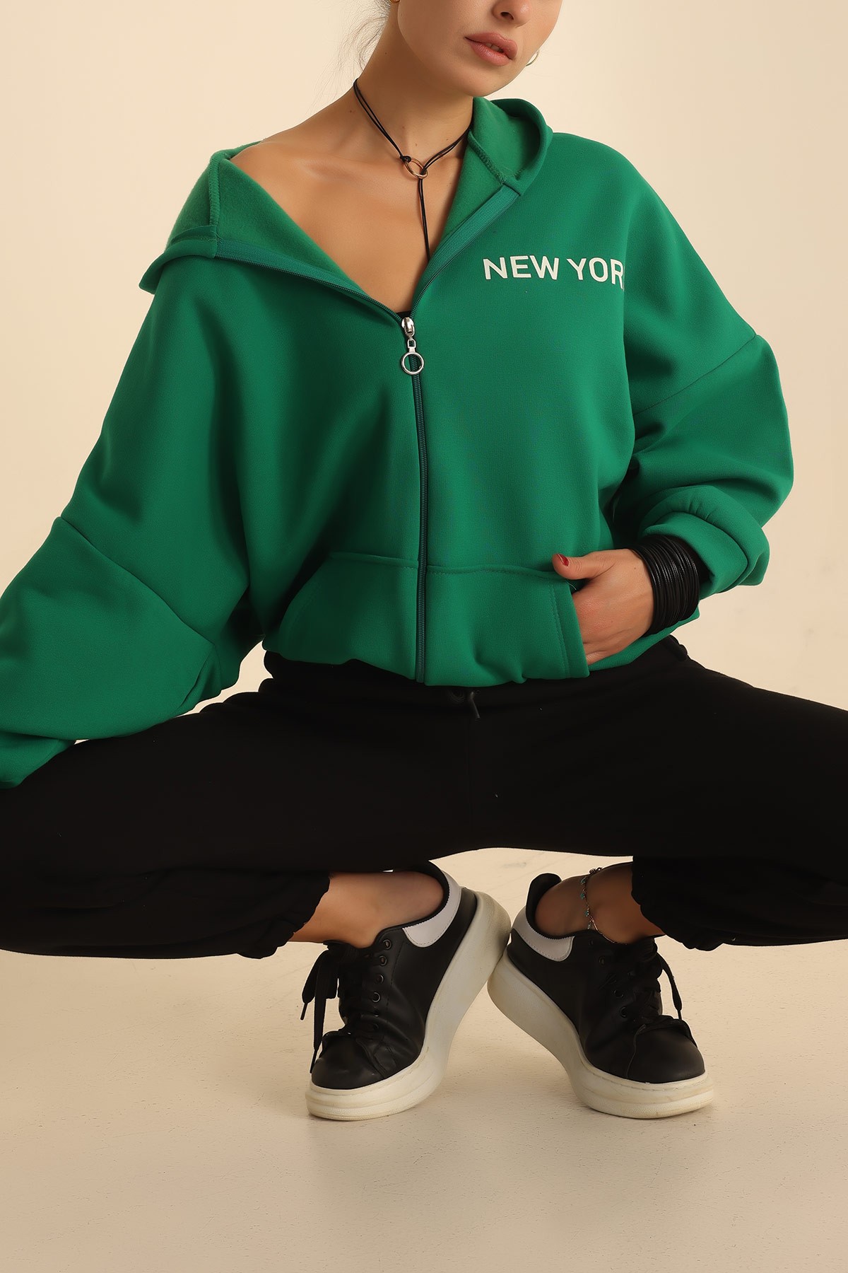 Yeşil Fermuarlı İçi Şardonlu Bayan Sweat 205251