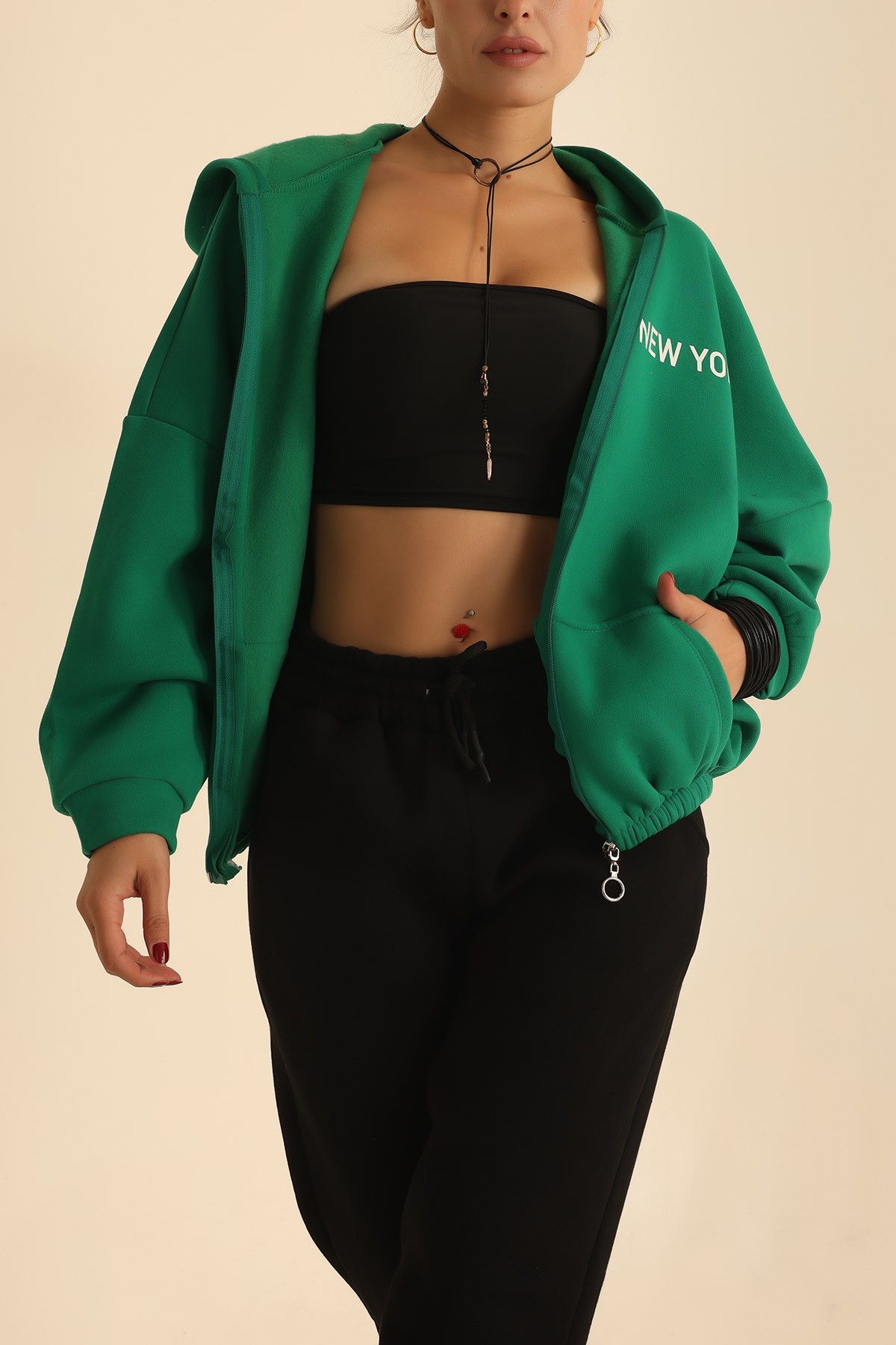 Yeşil Fermuarlı İçi Şardonlu Bayan Sweat 205251