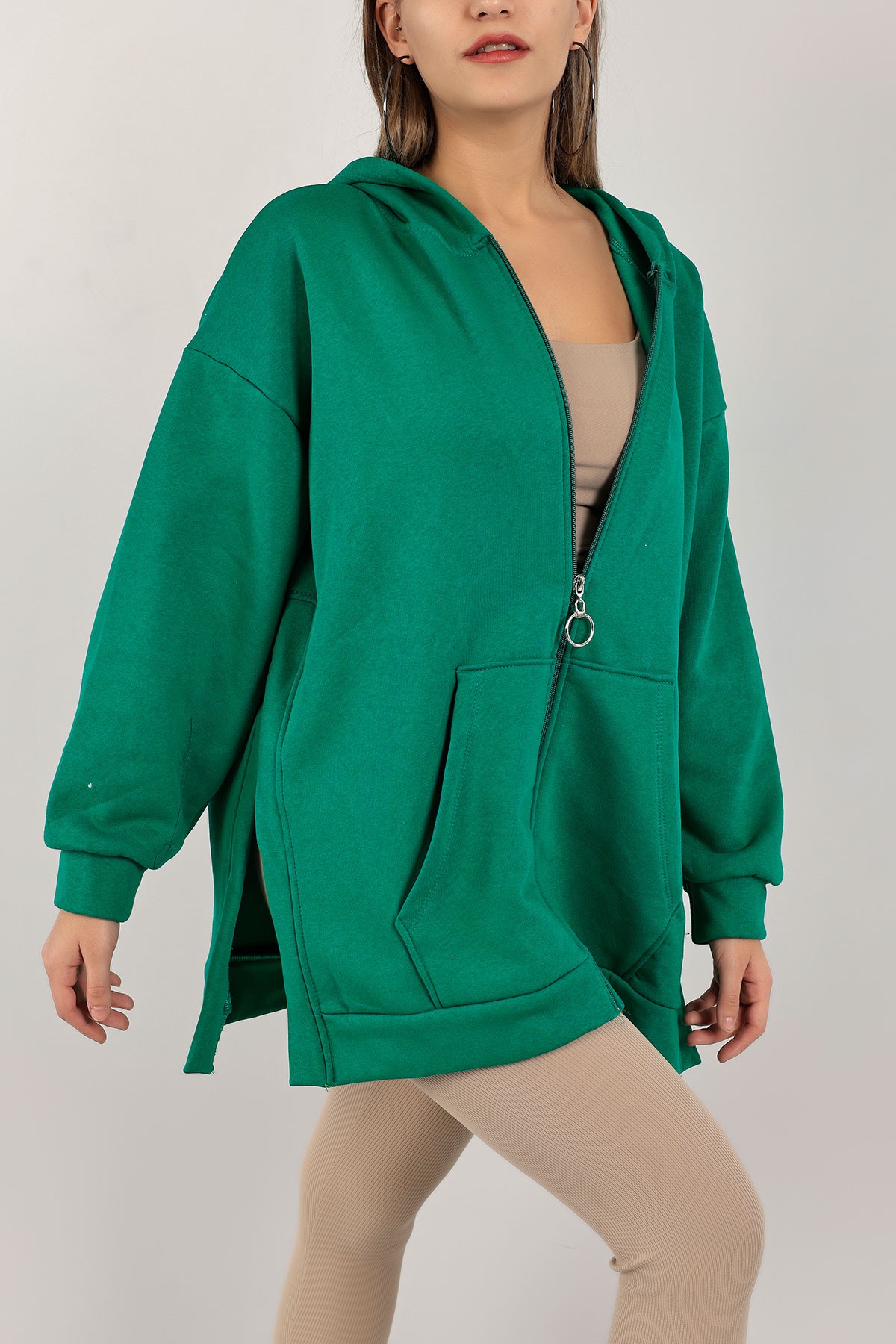 Yeşil Fermuarlı Üç İp Şardonlu Sweat 143391