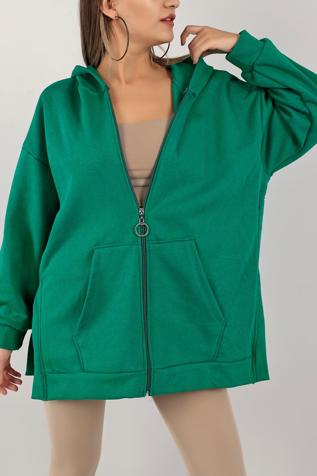 Yeşil Fermuarlı Üç İp Şardonlu Sweat 143391