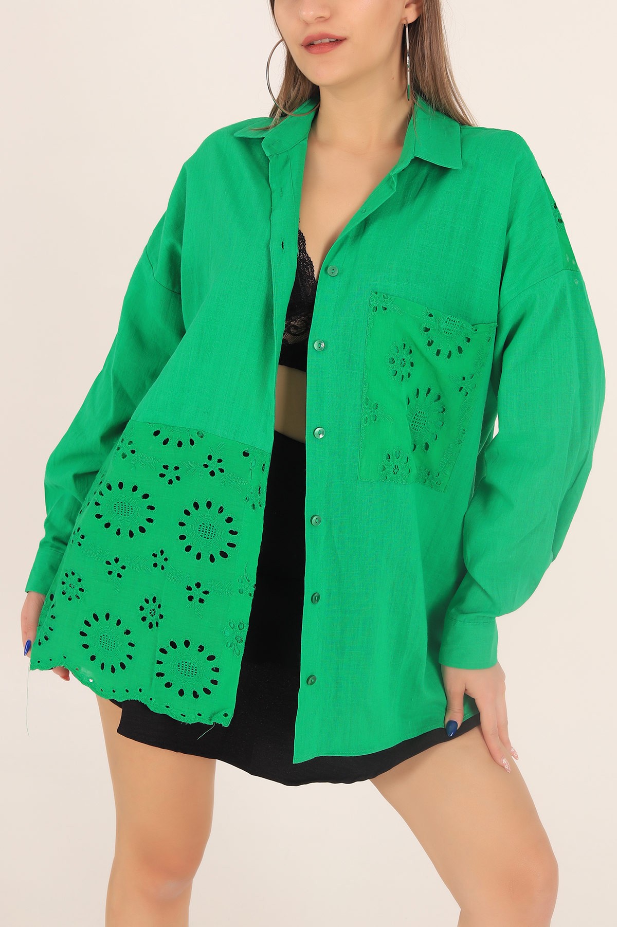 Yeşil Fisto Tasarım Keten Gömlek 168239
