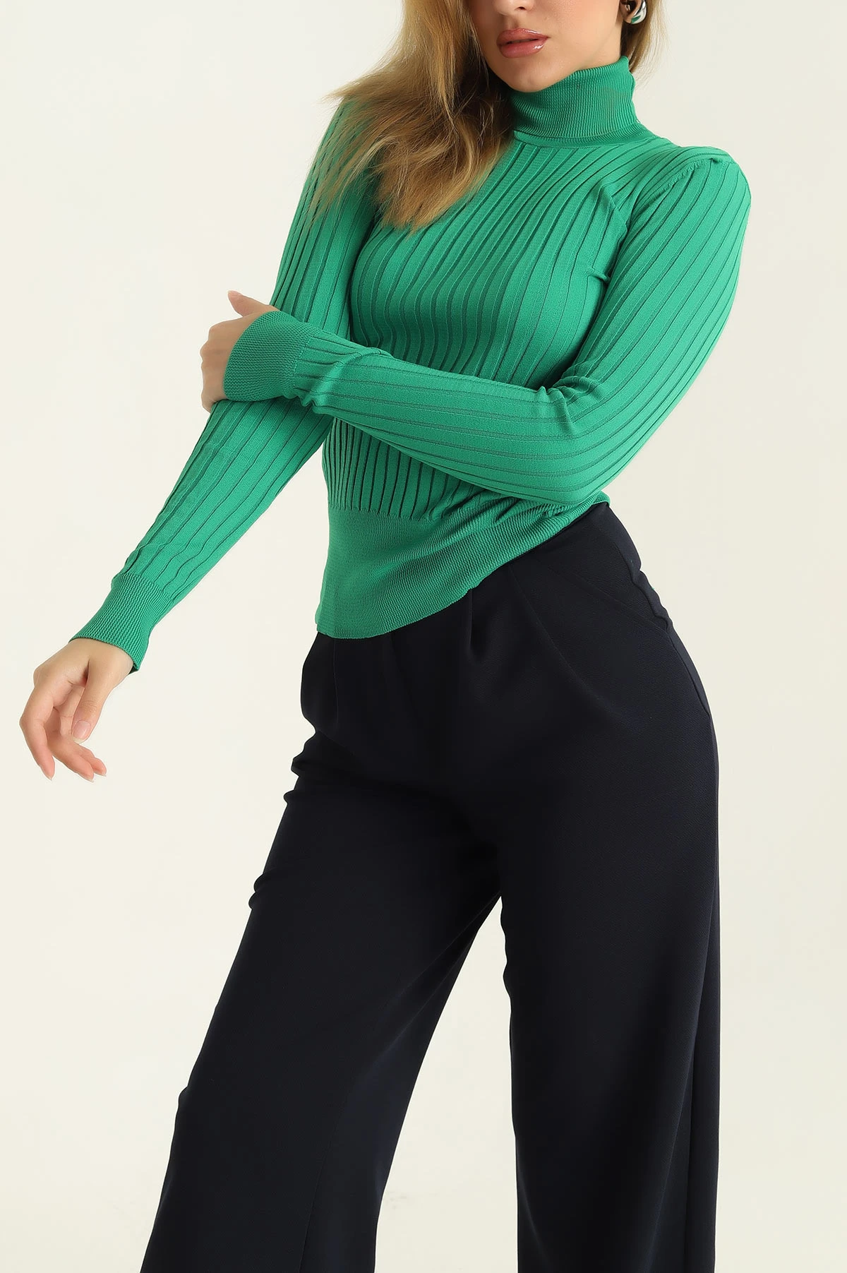 Yeşil Fitilli Likralı Triko Kazak 309425