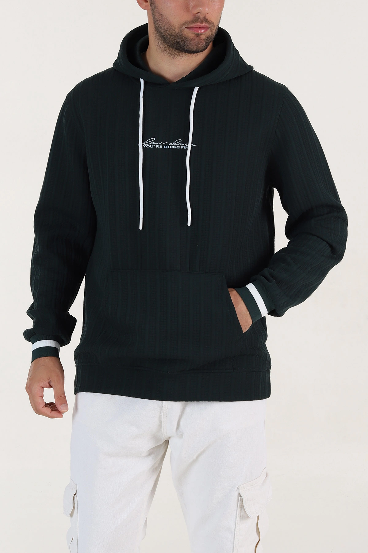 Yeşil Fitilli Yazı Detaylı Kapüşonlu Erkek Sweatshirt 396198