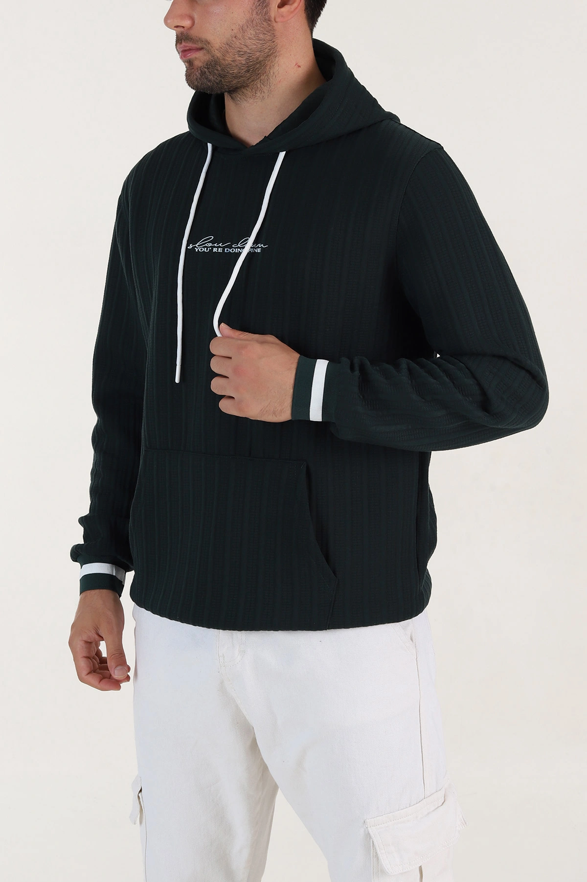 Yeşil Fitilli Yazı Detaylı Kapüşonlu Erkek Sweatshirt 396198