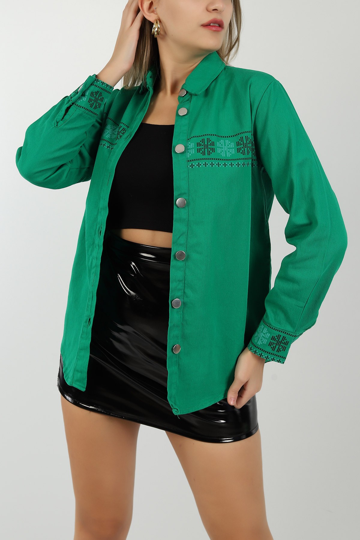 Yeşil Gabardin Bayan Gömlek Ceket 143701