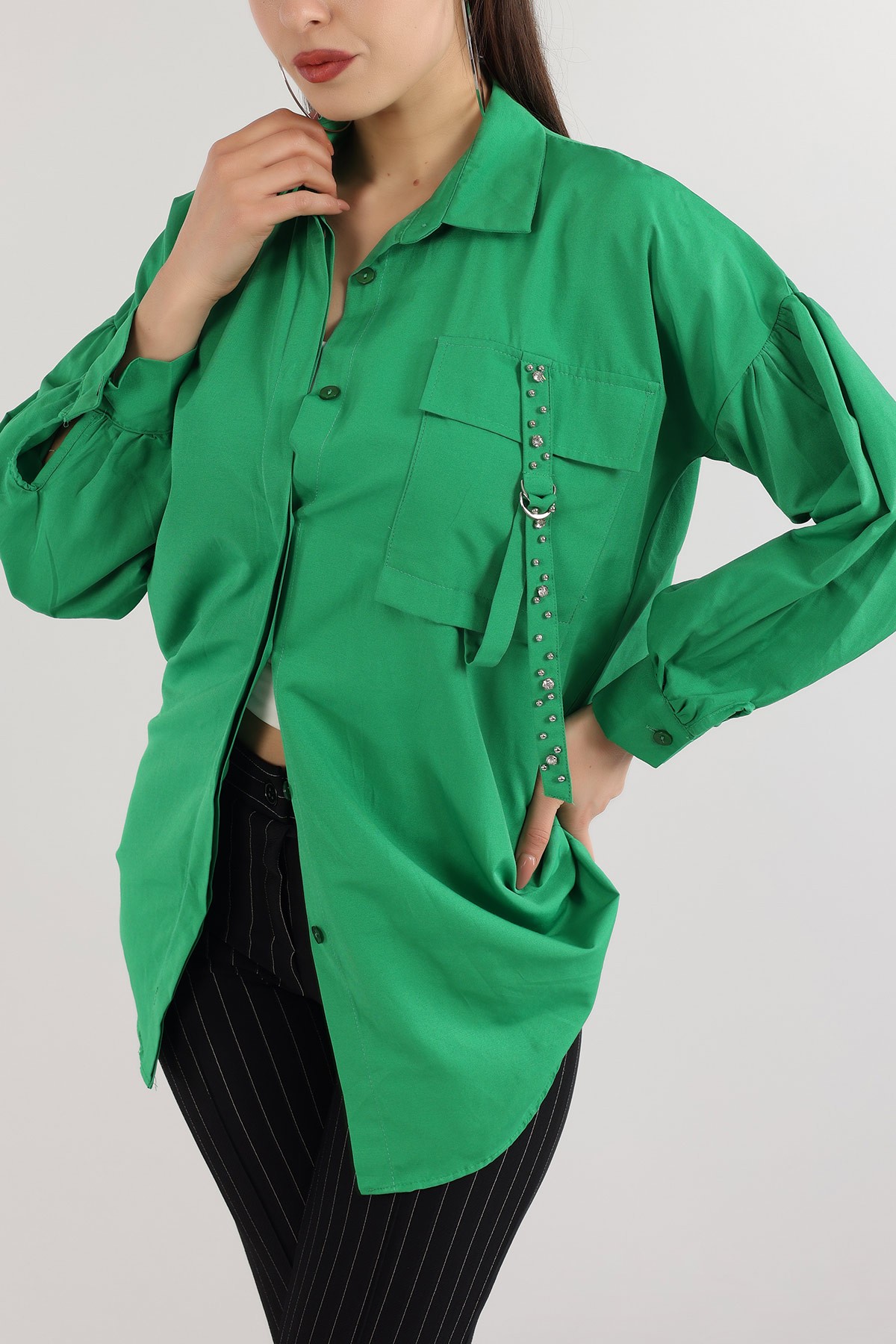 Yeşil Gizli Pat Taş Detay Terikoton Gömlek Tunik 167776