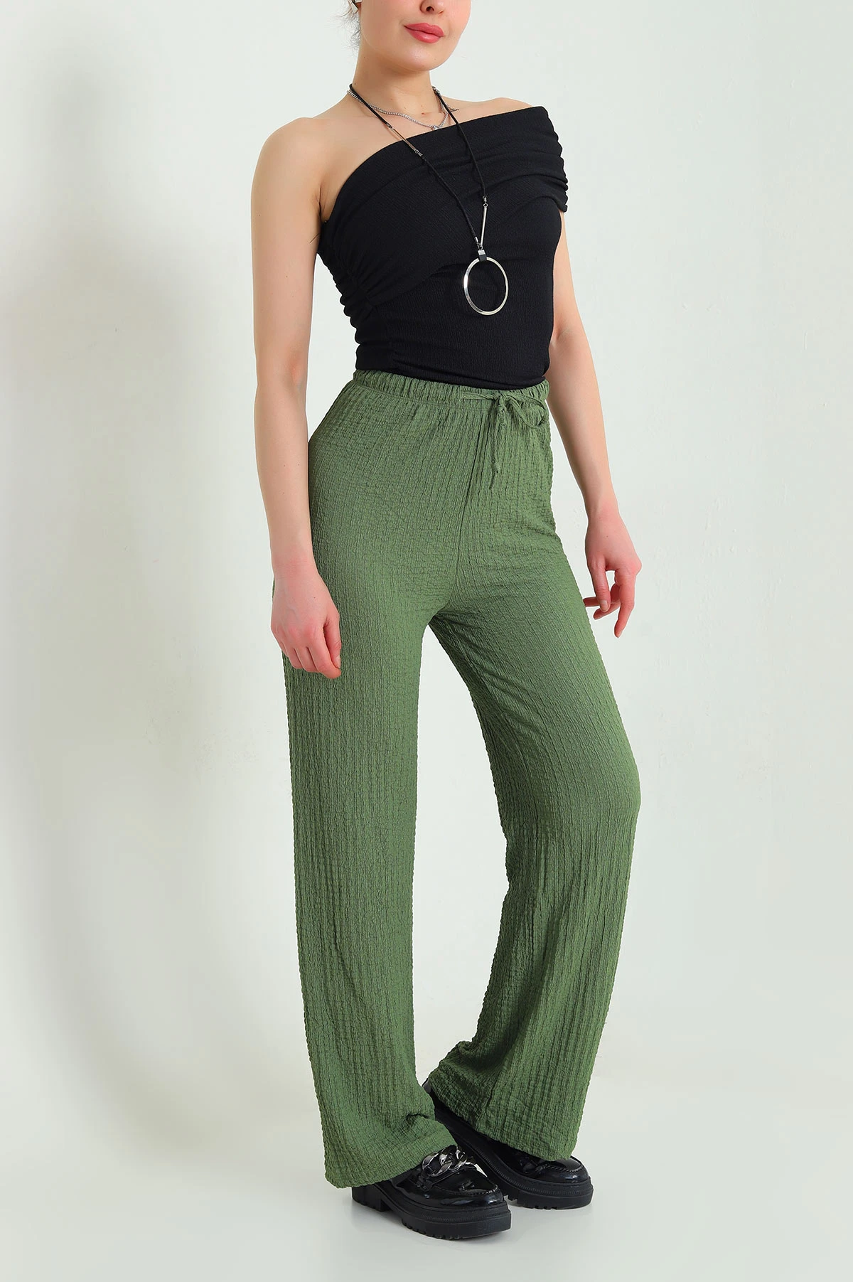 Yeşil Gofre Kumaş Kadın Pantolon 449955