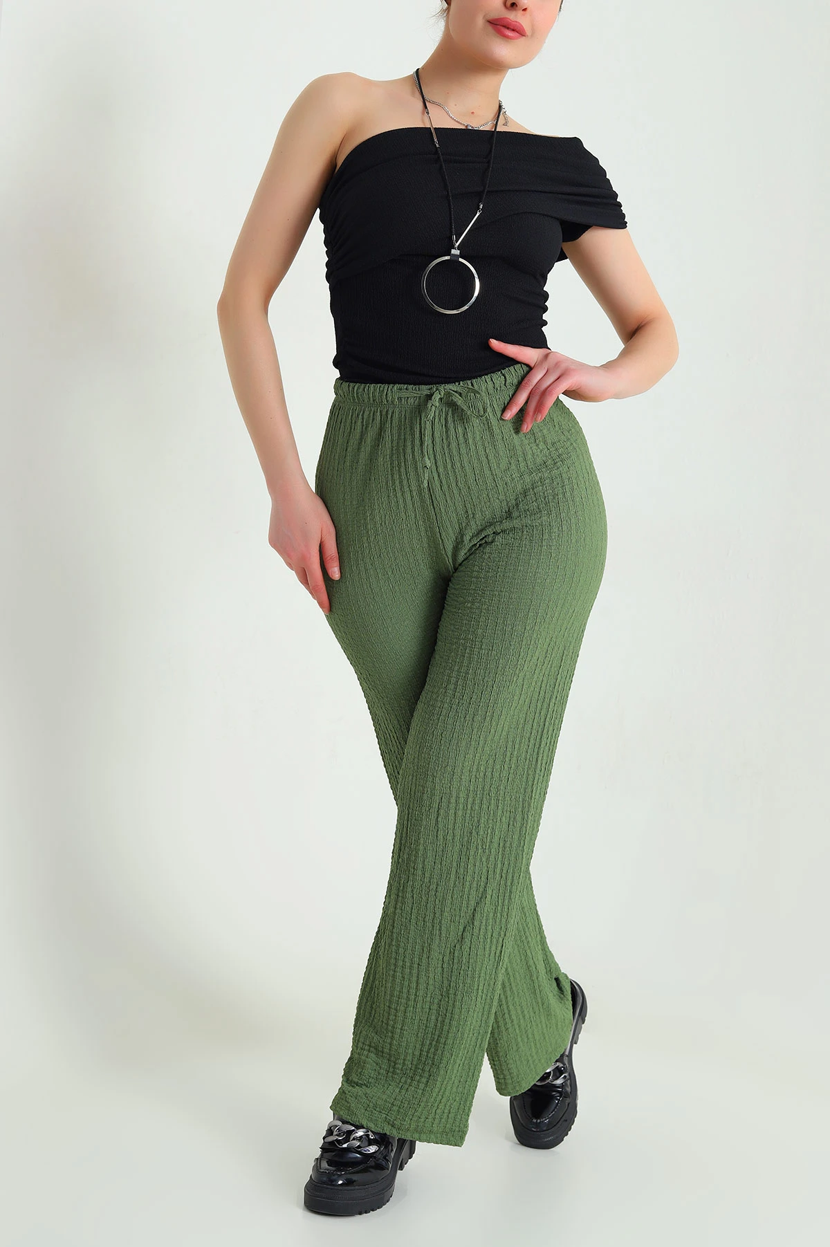 Yeşil Gofre Kumaş Kadın Pantolon 449955