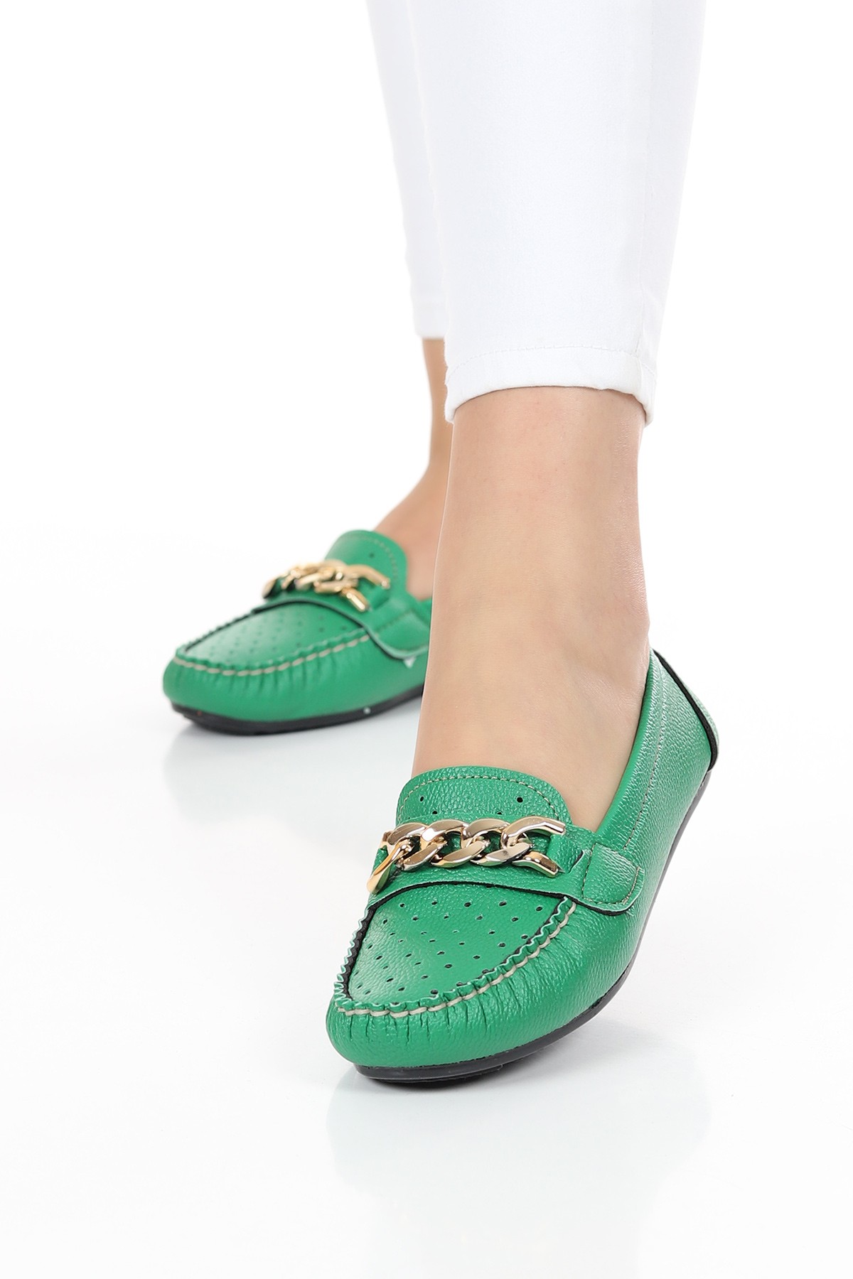 Yeşil Gold Tokalı Kadın Babet Ayakkabı 120668