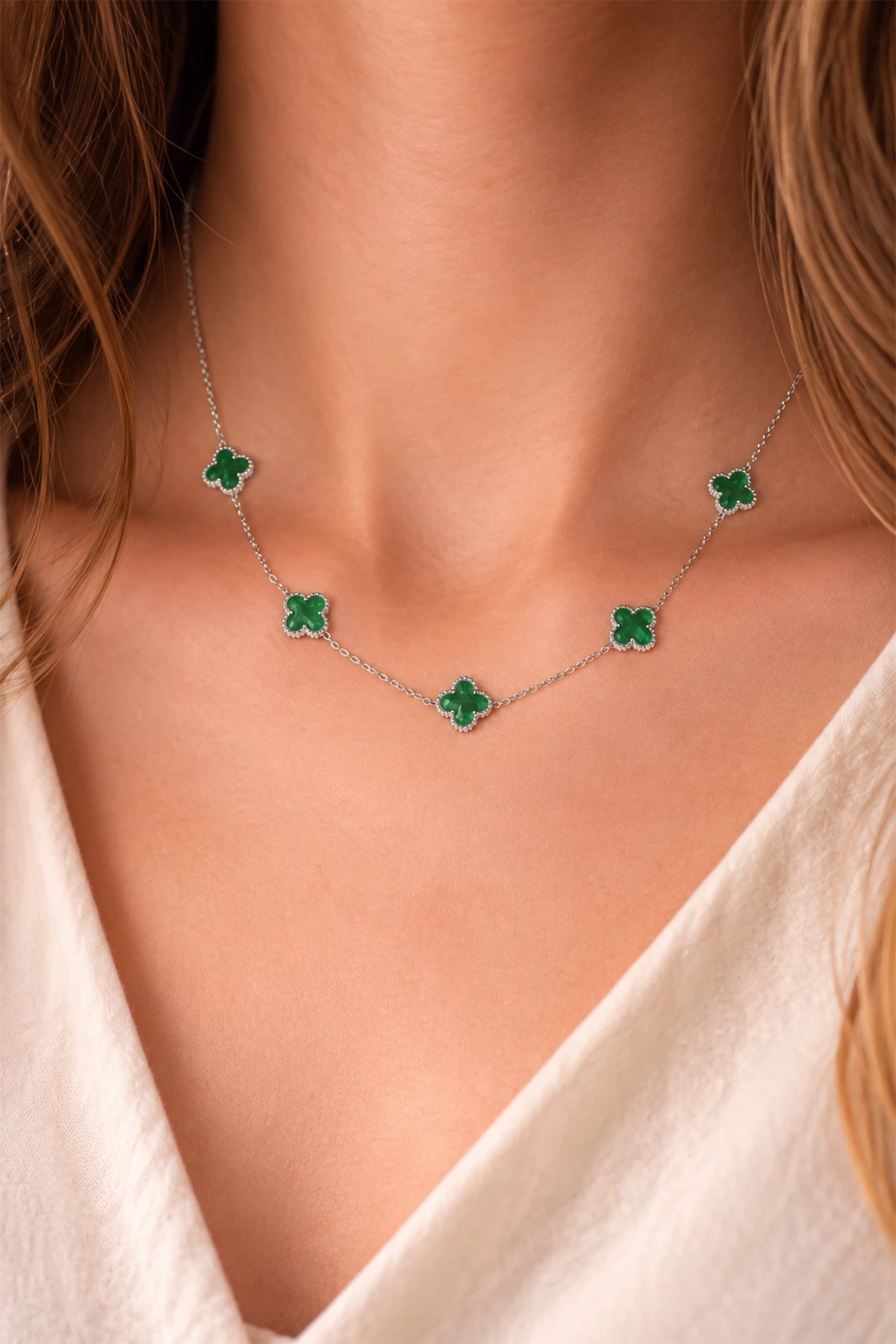 Yeşil Gümüş Mineli Gümüş Van Cleef Çelik Kolye 494514